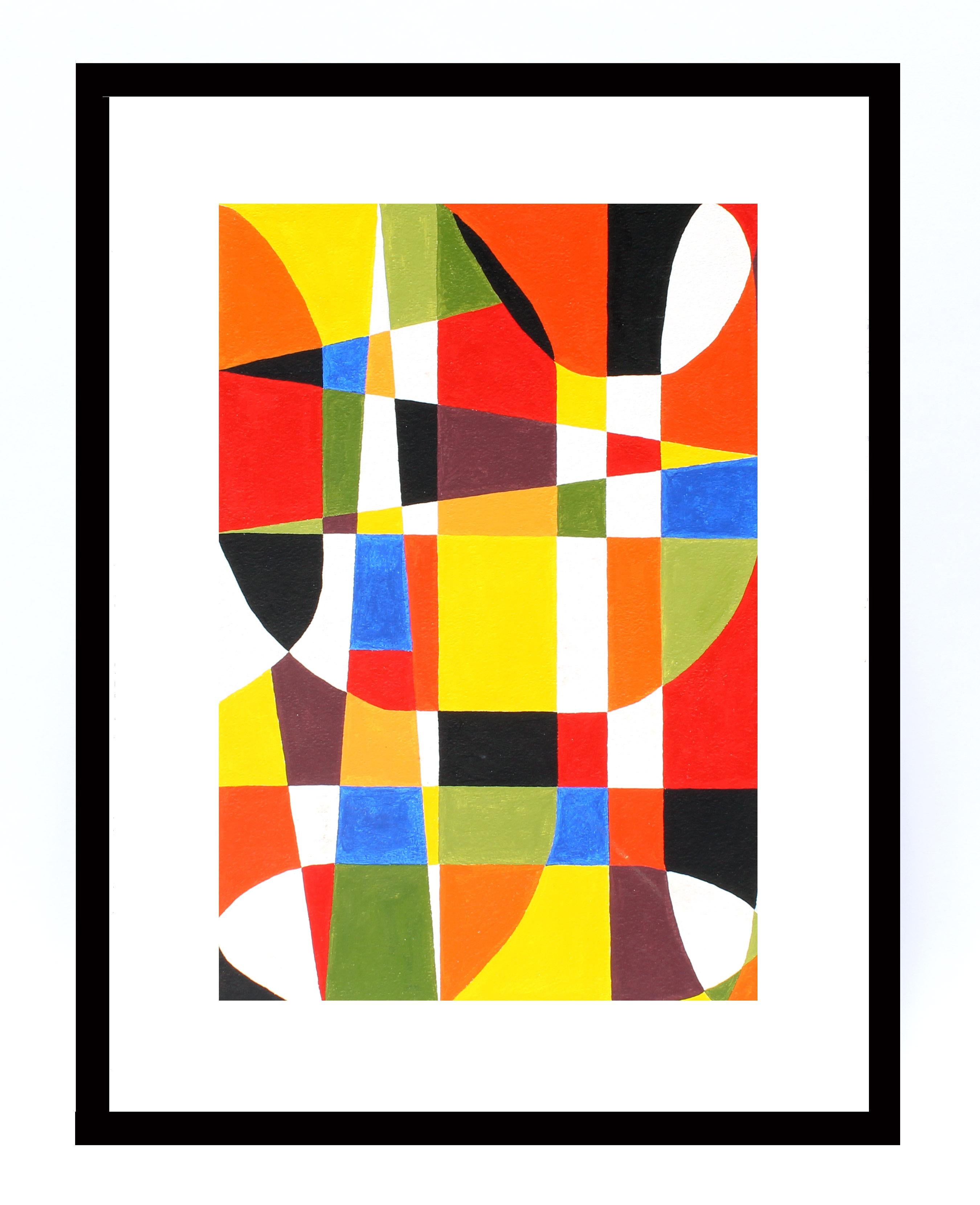 Gorgeous and detailed vintage mid century geometric abstract painting with fantastic colors.  This work is displayed in a contemporary black frame with archival materials.