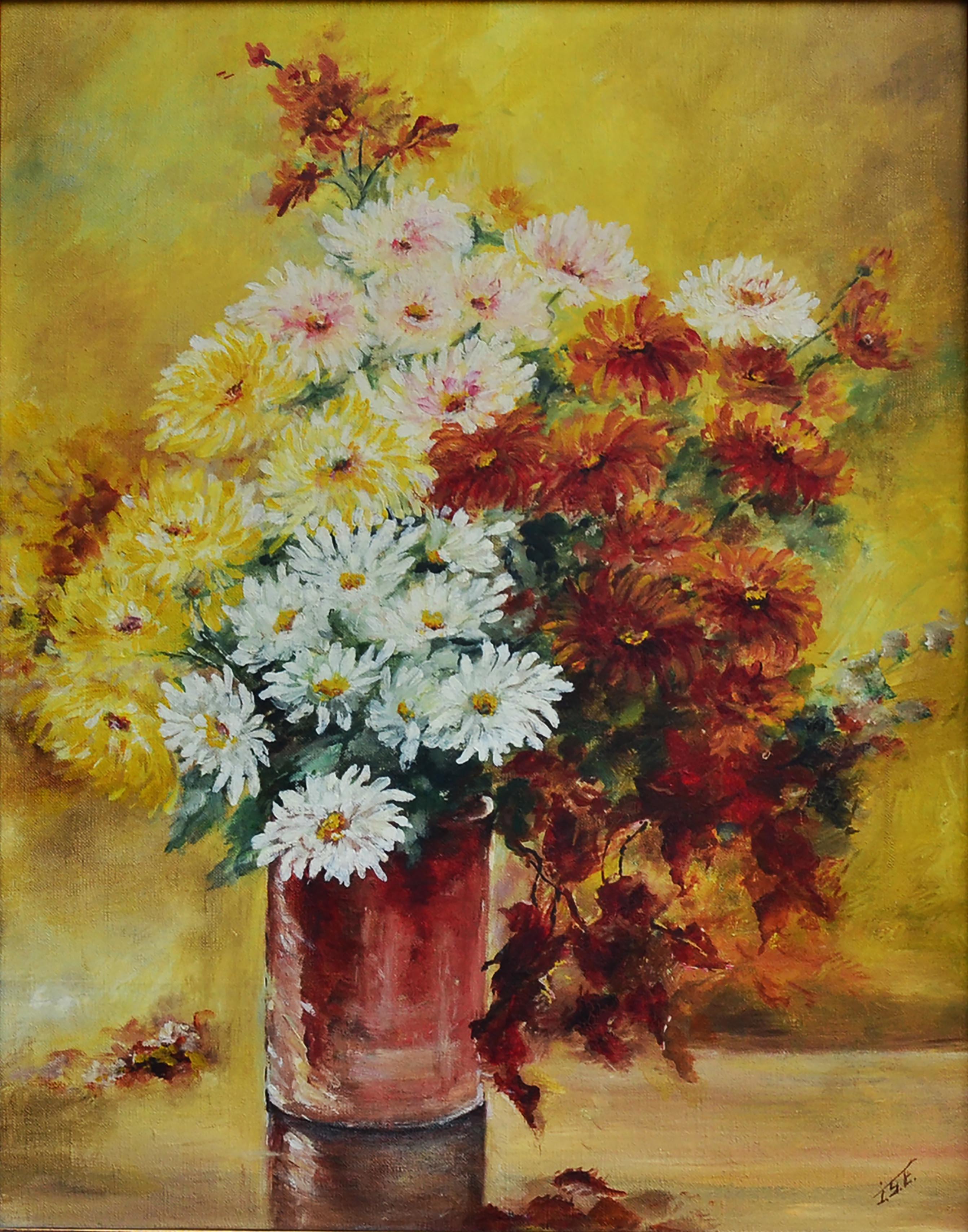 Mid Century Autumn Chrysanthemums in Vase Still Life  - Painting by Unknown
