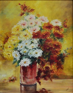 Mid Century Autumn Chrysanthemums in Vase Still Life