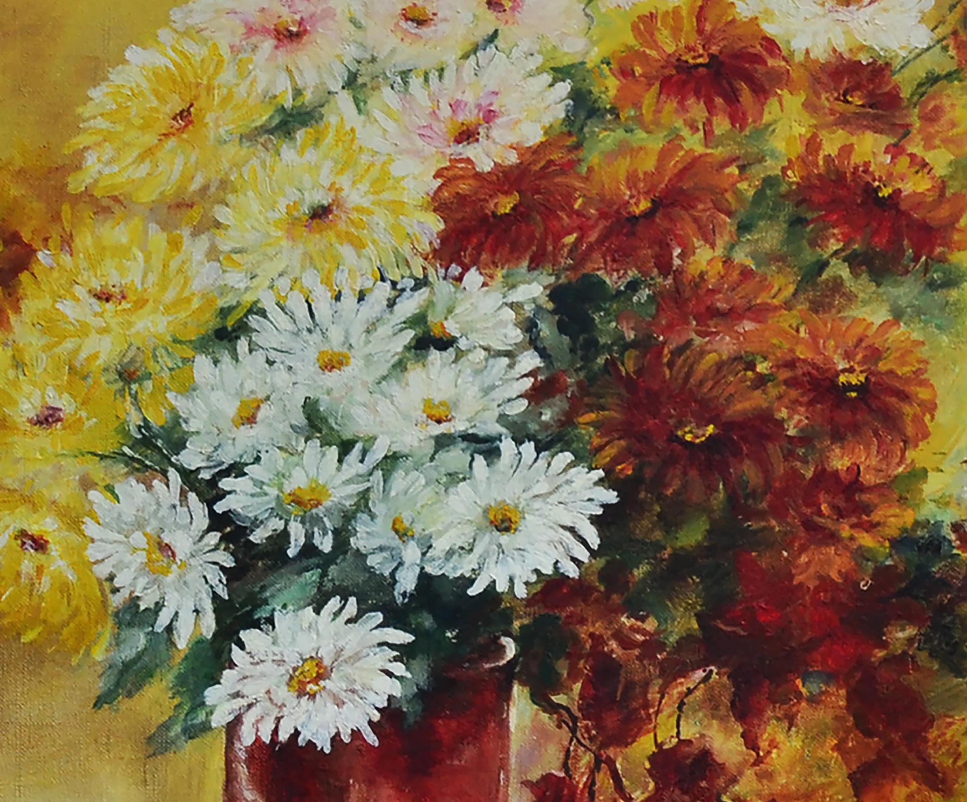 Chrysanthèmes d'automne du milieu du siècle dernier dans un vase - Nature morte  - Impressionnisme américain Painting par Unknown