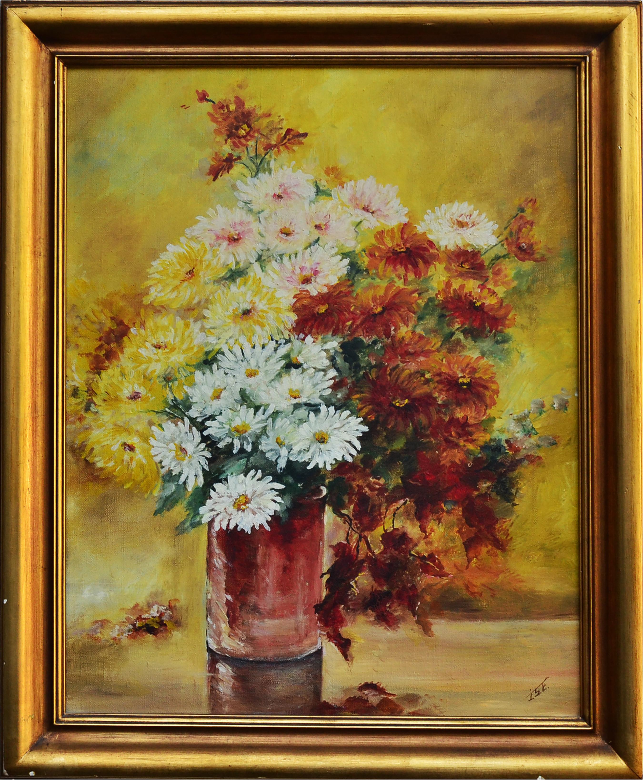 Mid Century Autumn Chrysanthemums in Vase Still Life 