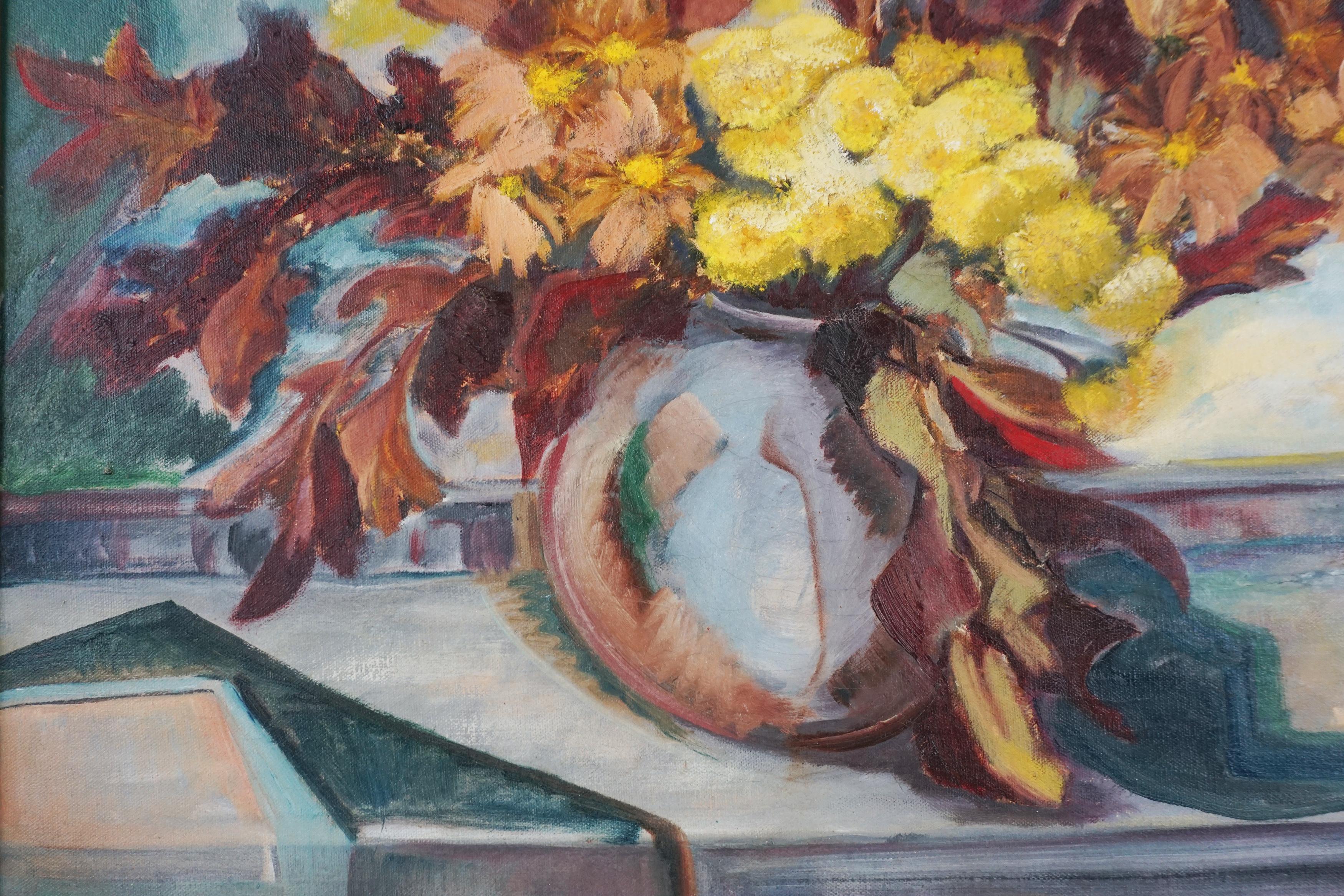 Wonderful post impressionistic still life of autumn yellow chrysanthemums with boughs of bronze maple leaves in a vase. Painted in style of Albert Andre (French, 1869 - 1954). Circa 1950. Signed lower right corner 