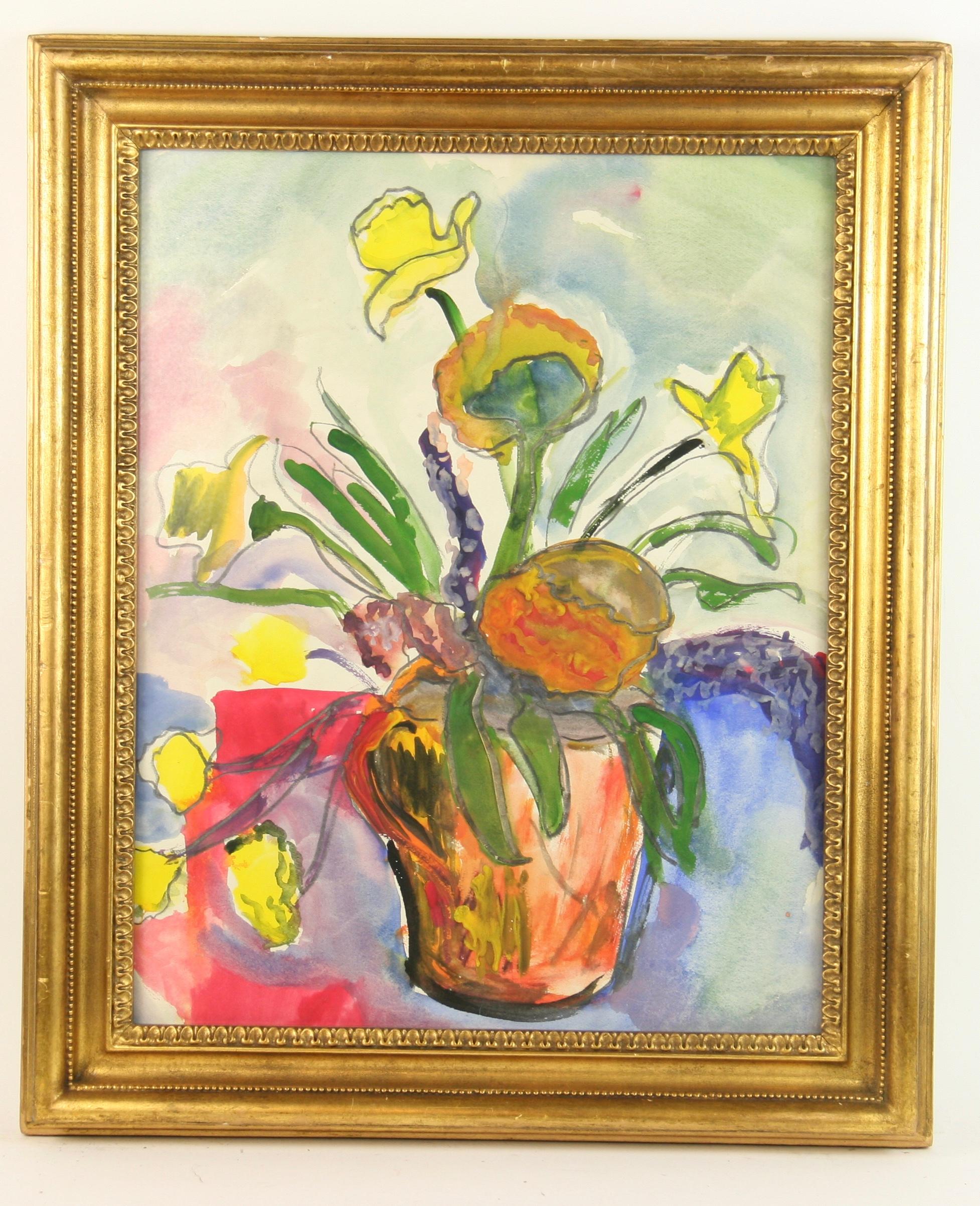 Unknown Still-Life Painting - Mid Century Modern Floral  Botanical Still Life Gouache Painting  1960