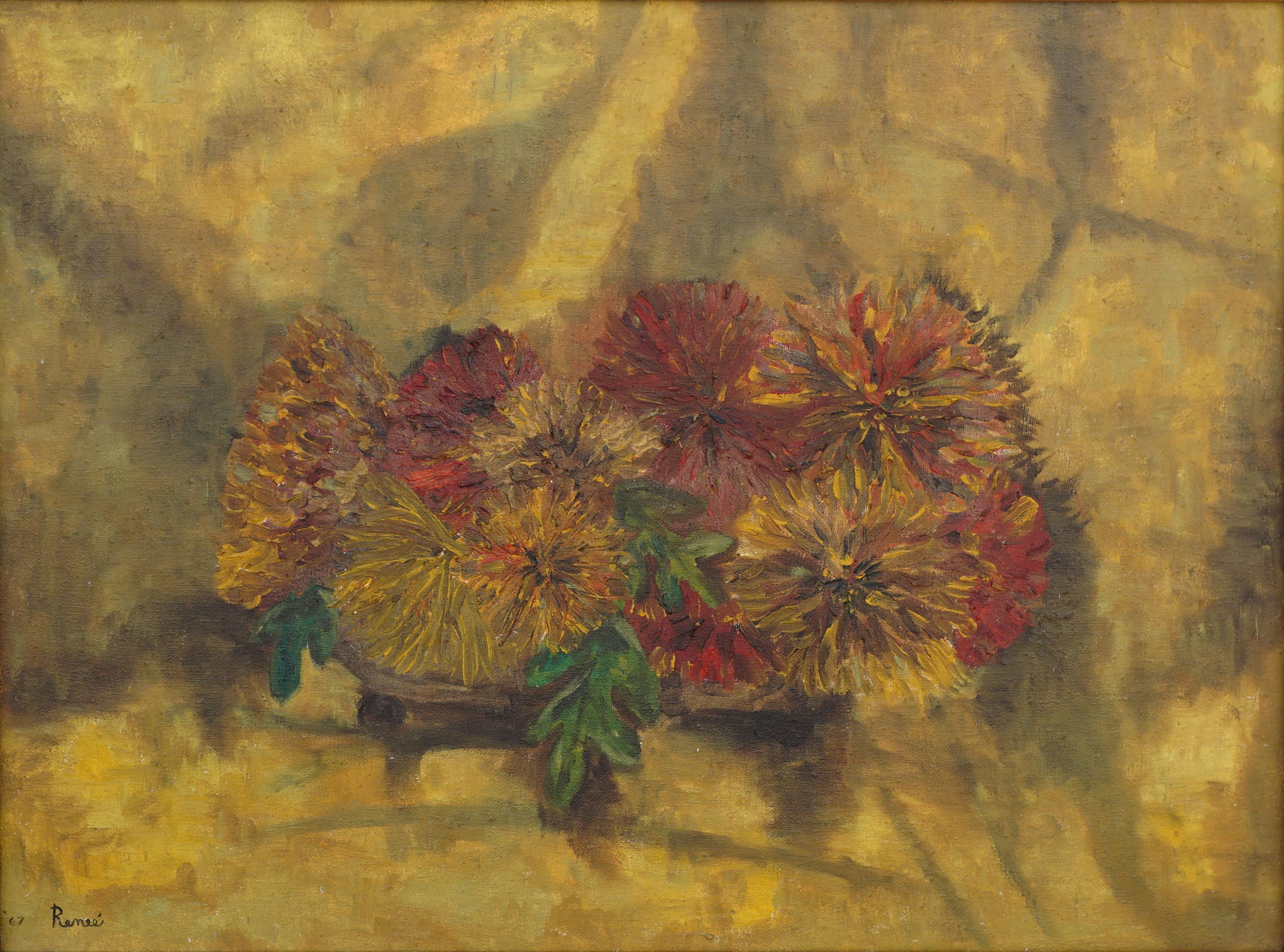 Mid Century Bronze Chrysanthemums Still Life - American Impressionist Painting by Unknown