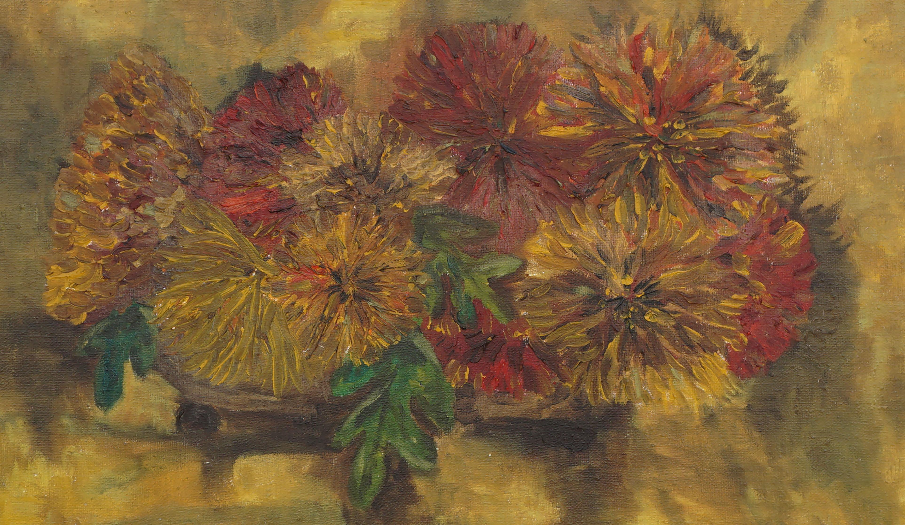 Bodegón de crisantemos de bronce de mediados de siglo - Still-Life Painting Marrón de Unknown