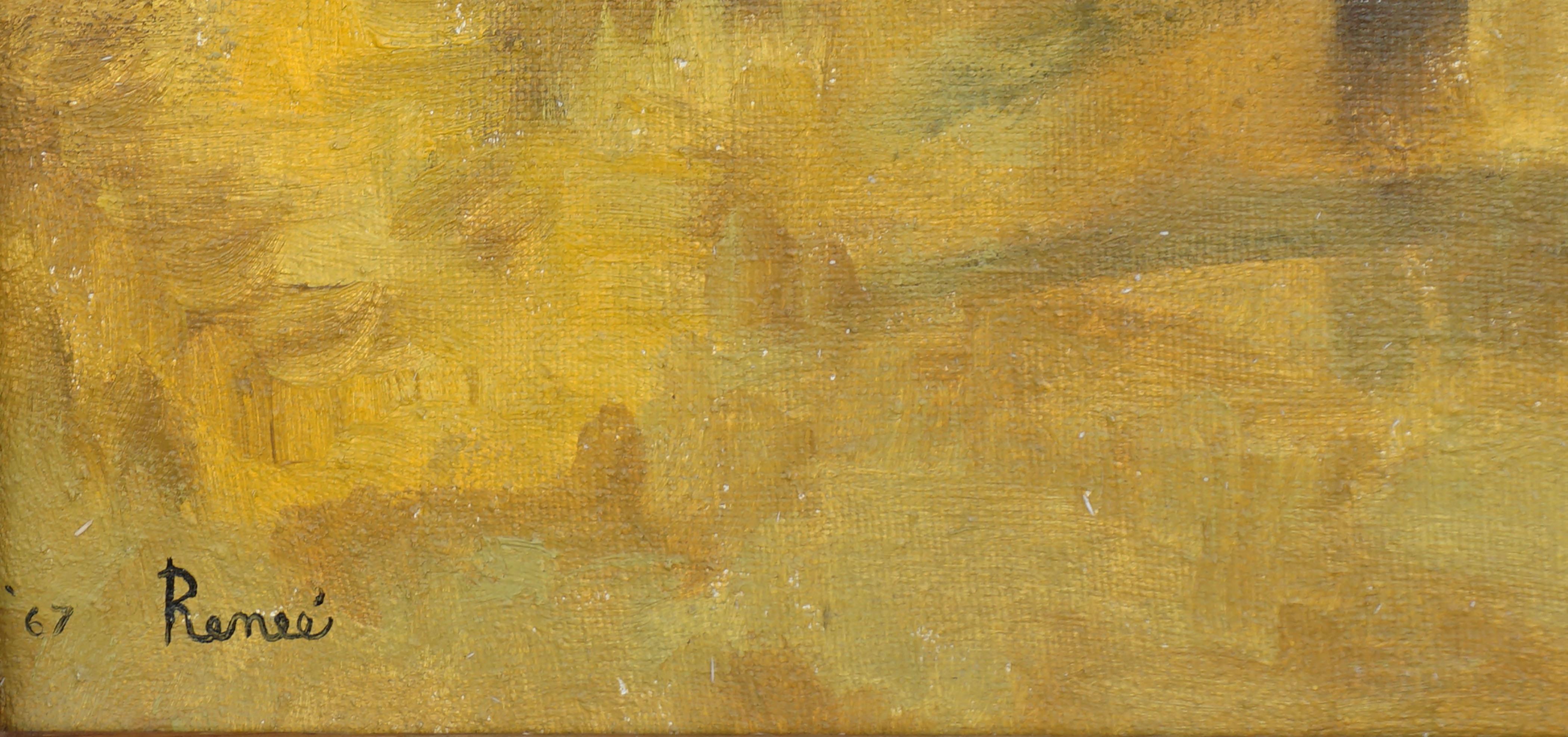 Bodegón de mediados de siglo de crisantemos de bronce con fondo de drapeado amarillo. Esta pieza está representada en tonos cálidos, como si la inundara la luz del sol de verano de última hora de la tarde.

Firmado y fechado 