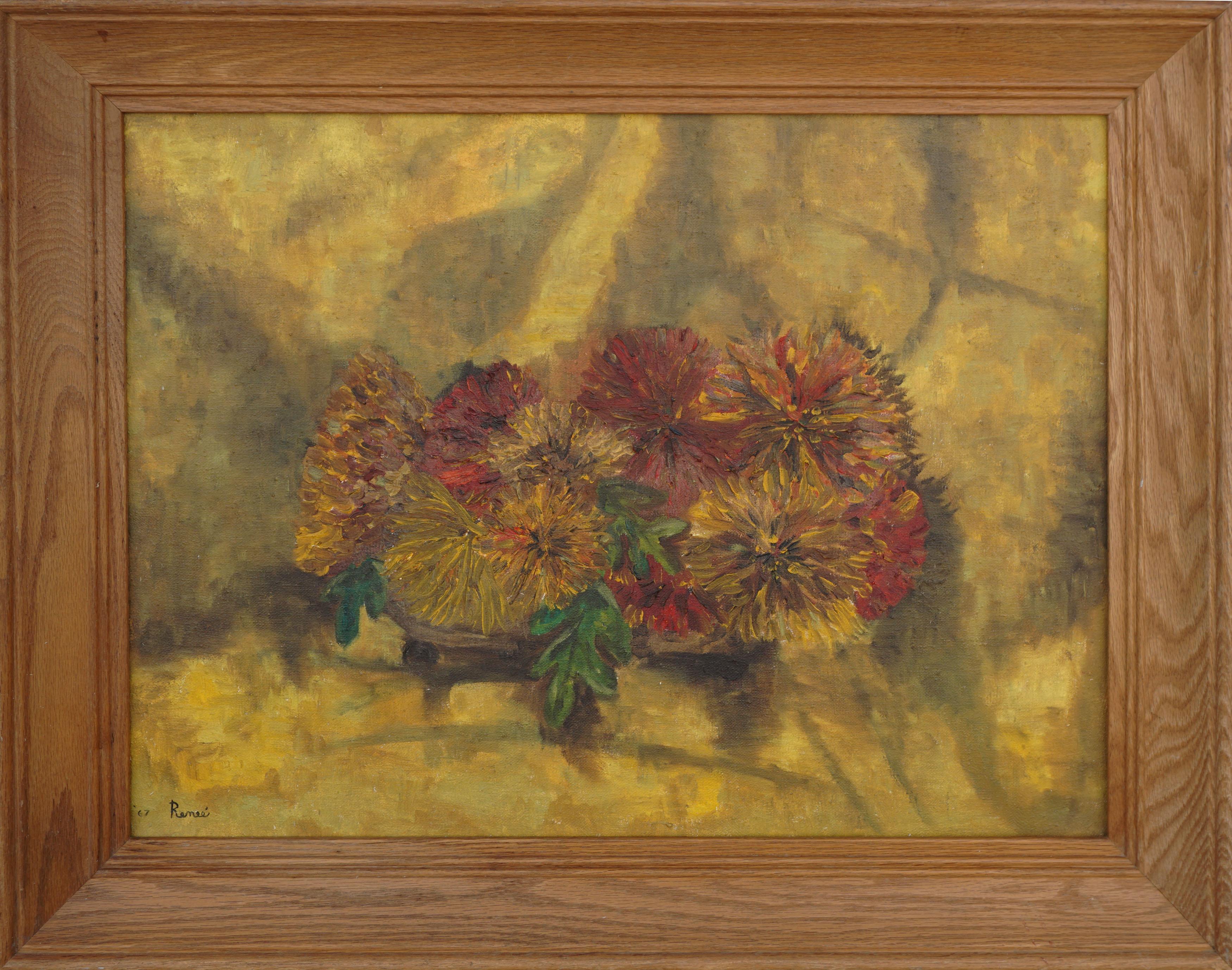 Unknown Still-Life Painting - Mid Century Bronze Chrysanthemums Still Life