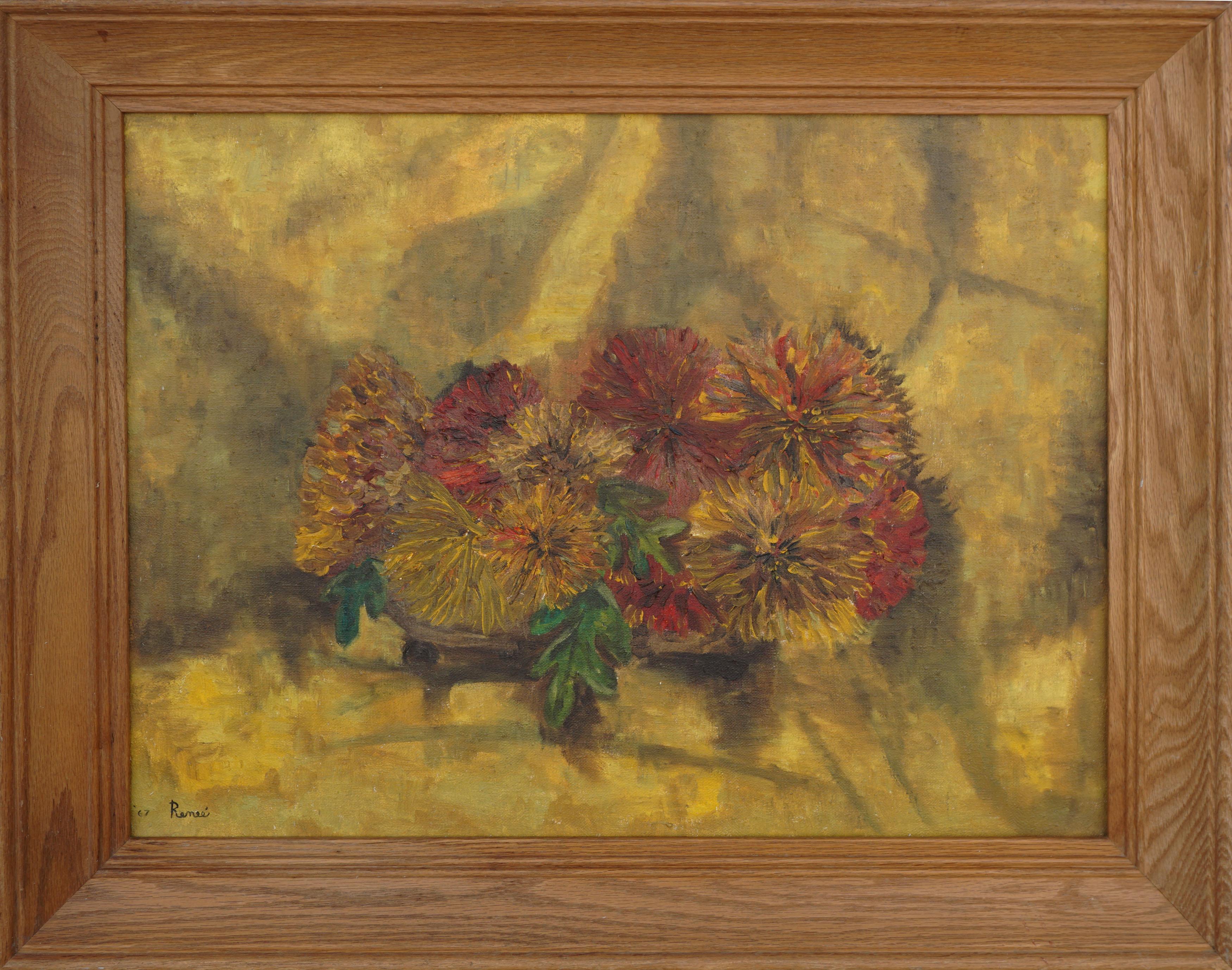 Still-Life Painting de Unknown - Bodegón de crisantemos de bronce de mediados de siglo