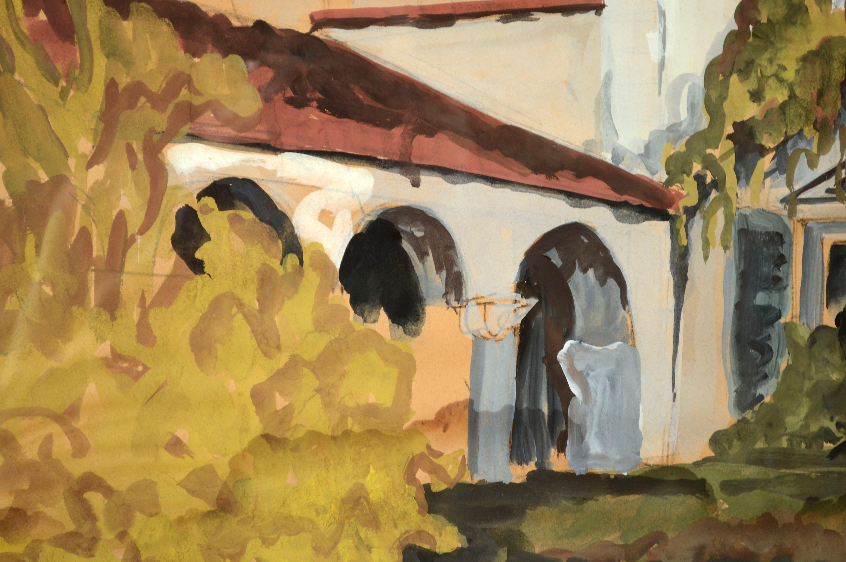 Mid Century California Mission Landscape - American Impressionist Painting by Unknown