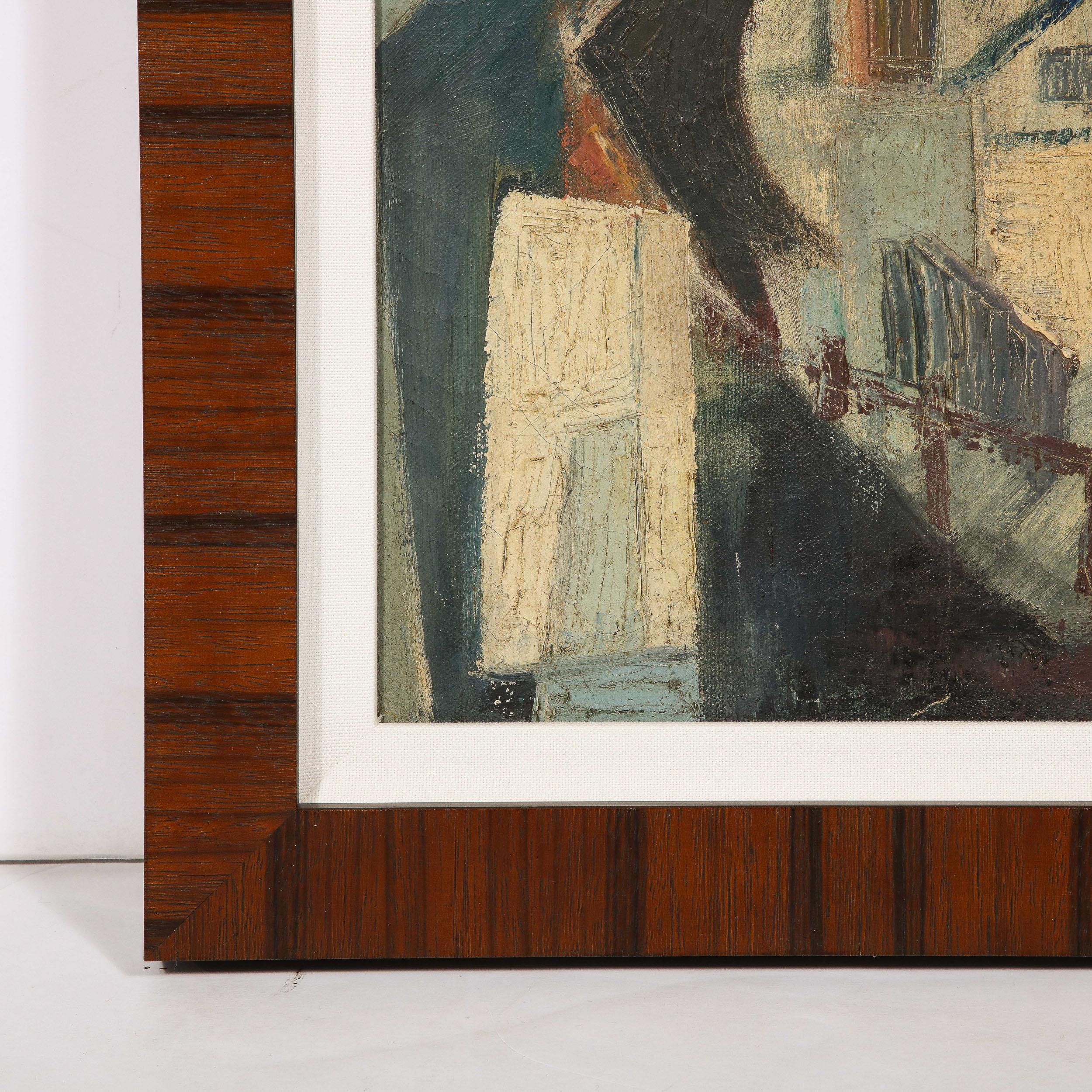 This stunning Mid Century post war modern oil on canvas painting was realized in France circa 1970. Rendered in a cubist style, informed by the early work of Picasso and Braque, the composition offers a flattened perspective depicting a highly