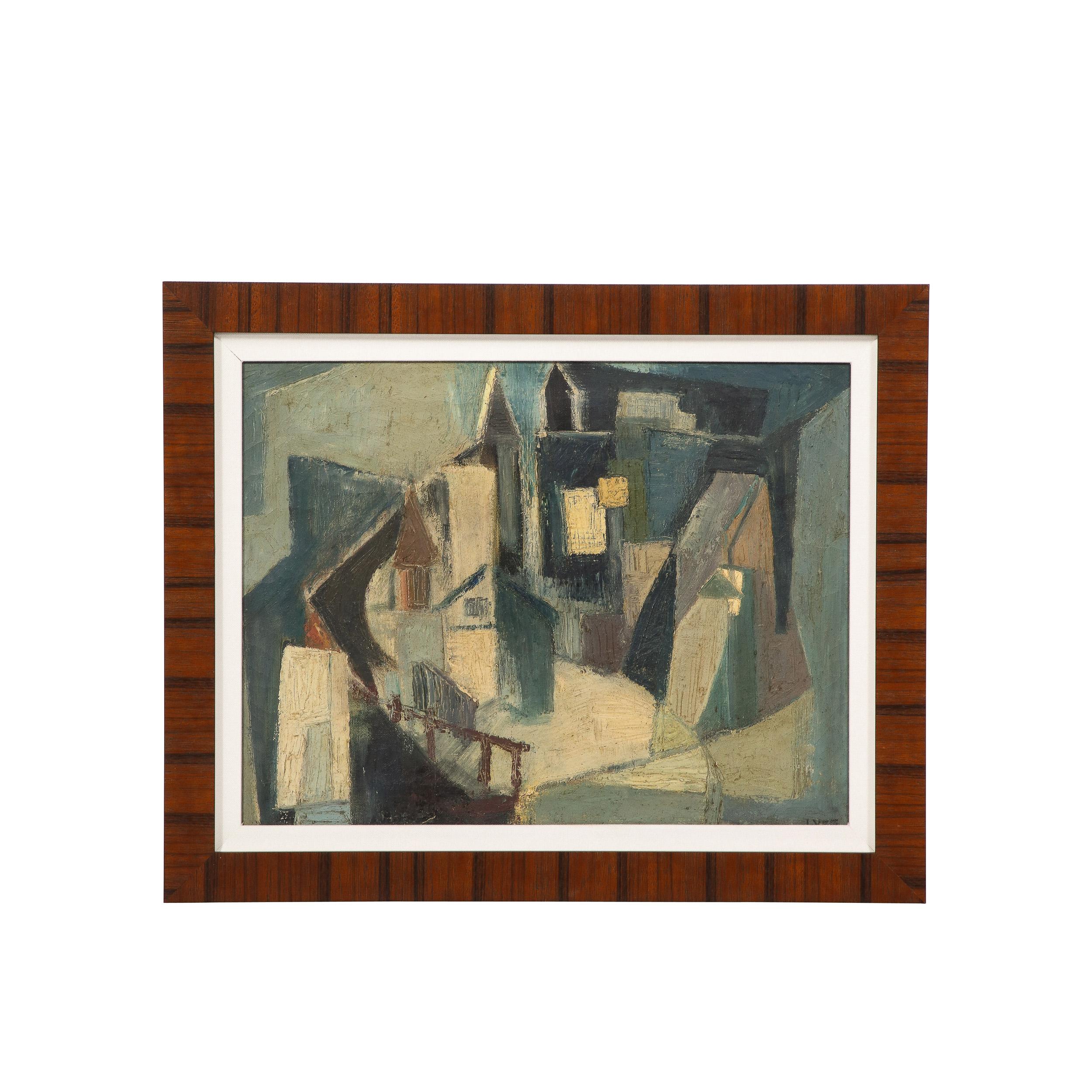 Unknown Landscape Painting - Mid Century Cubist Abstracted Village Nightscape Oil on Canvas Painting