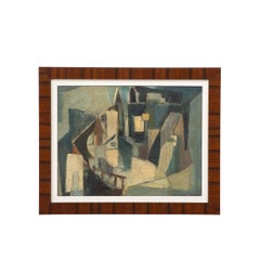 Vintage Mid Century Cubist Abstracted Village Nightscape Oil on Canvas Painting