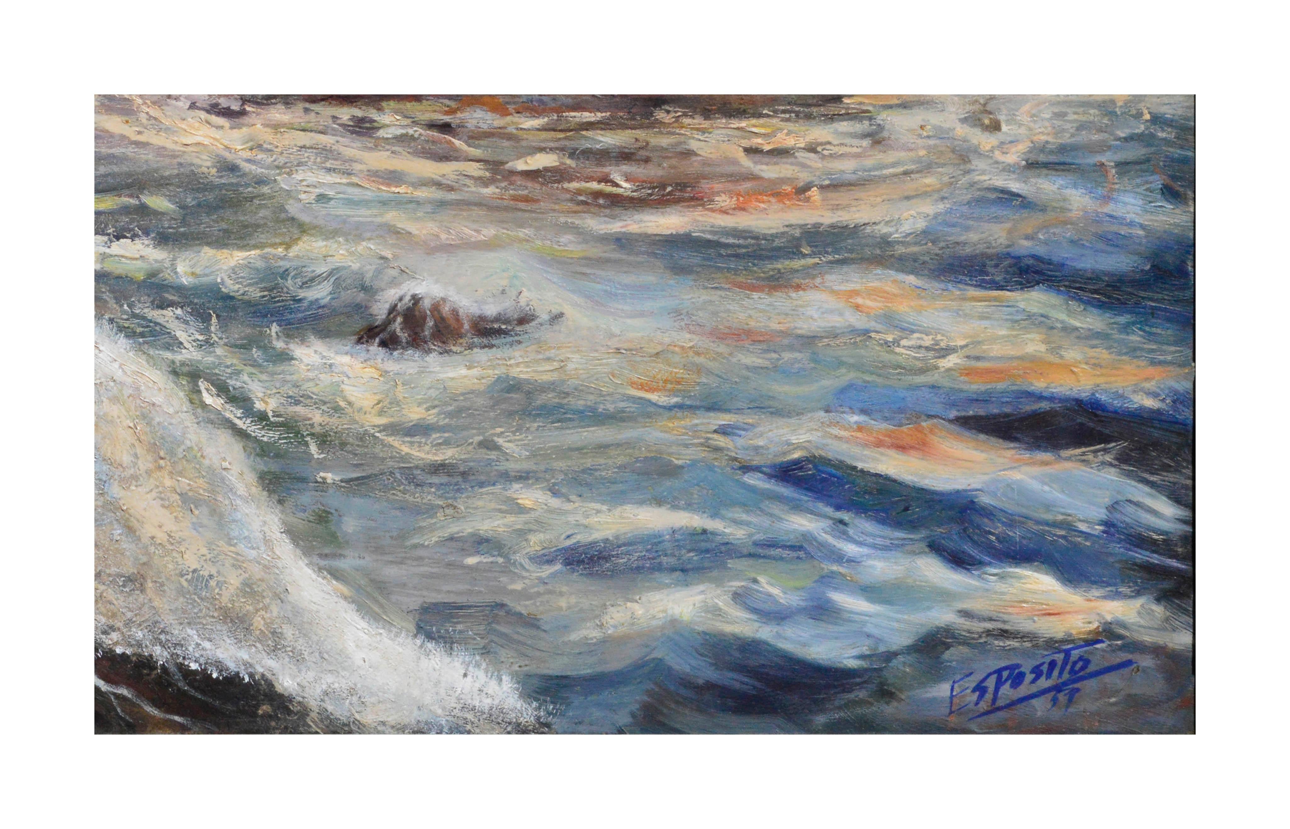 Paisaje marino de Davenport de mediados de siglo - Landscape Painting Gris de Unknown