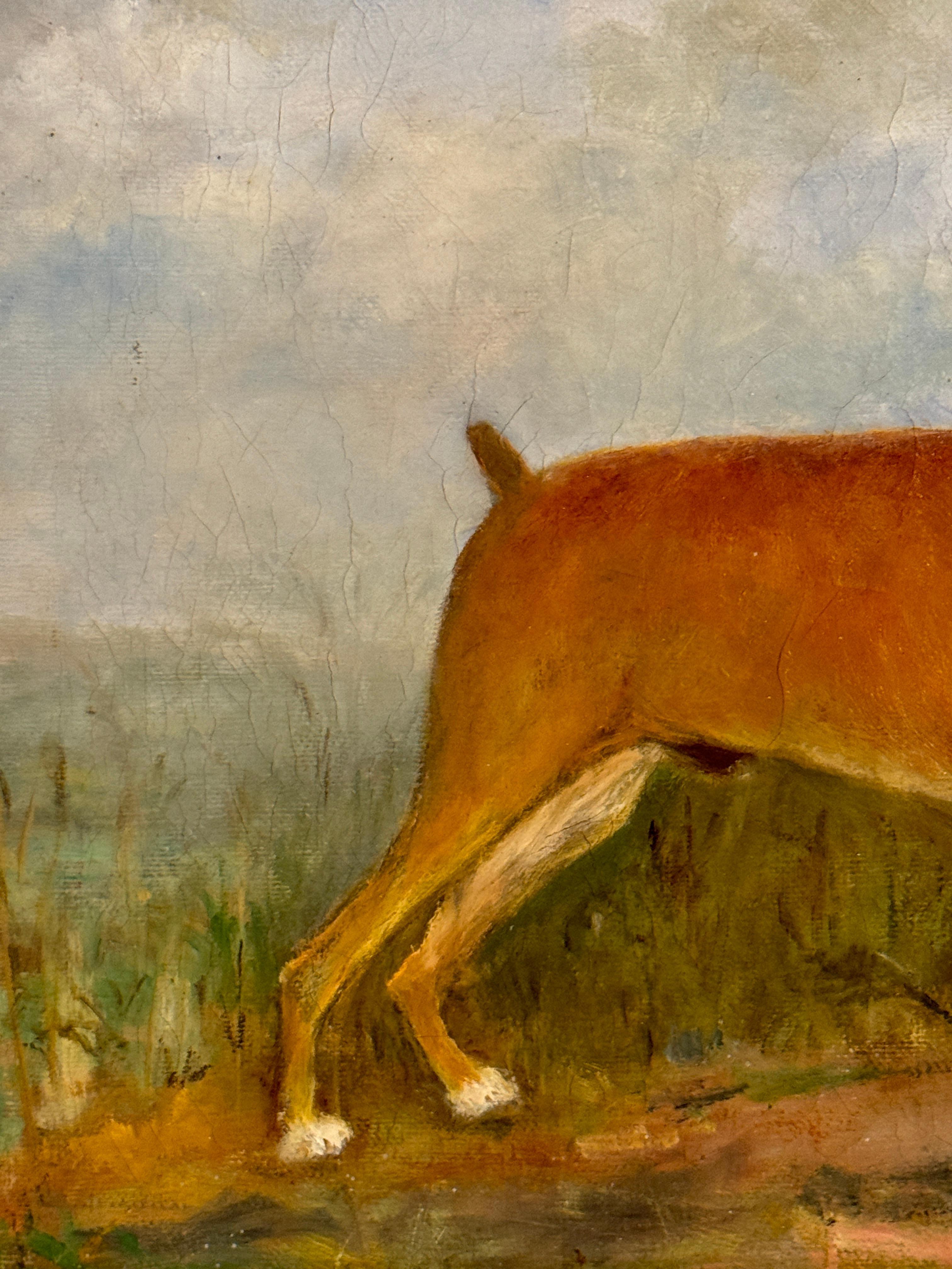 Mid century English portrait of a Boxer dog standing in a landscape - Beige Animal Painting by Unknown