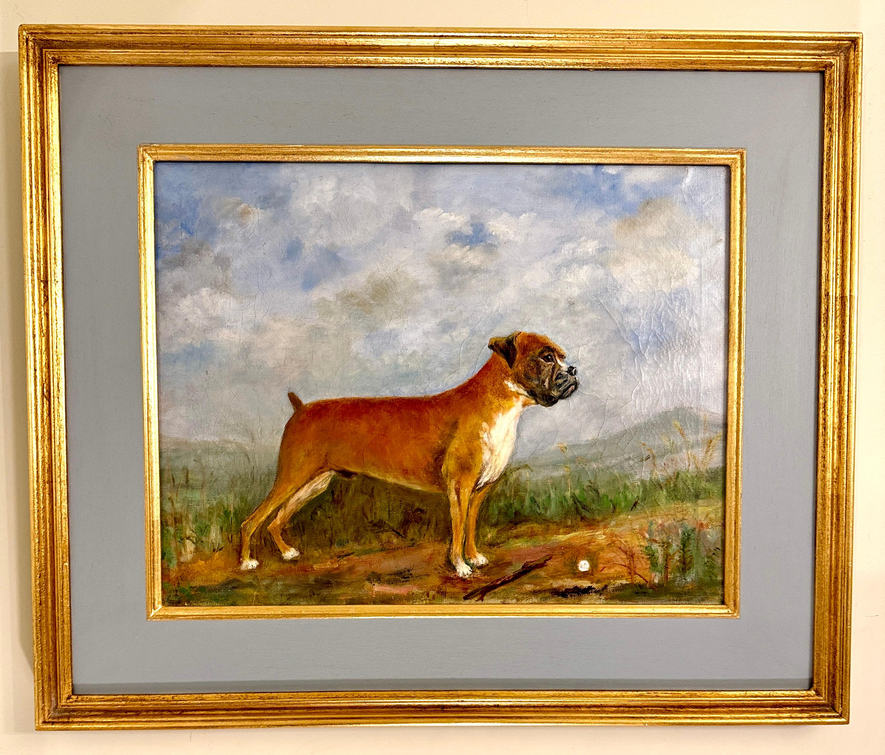 Ritratto di metà secolo inglese di un cane Boxer in piedi in un paesaggio