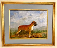 Retrato inglés de mediados de siglo de un perro Boxer de pie en un paisaje