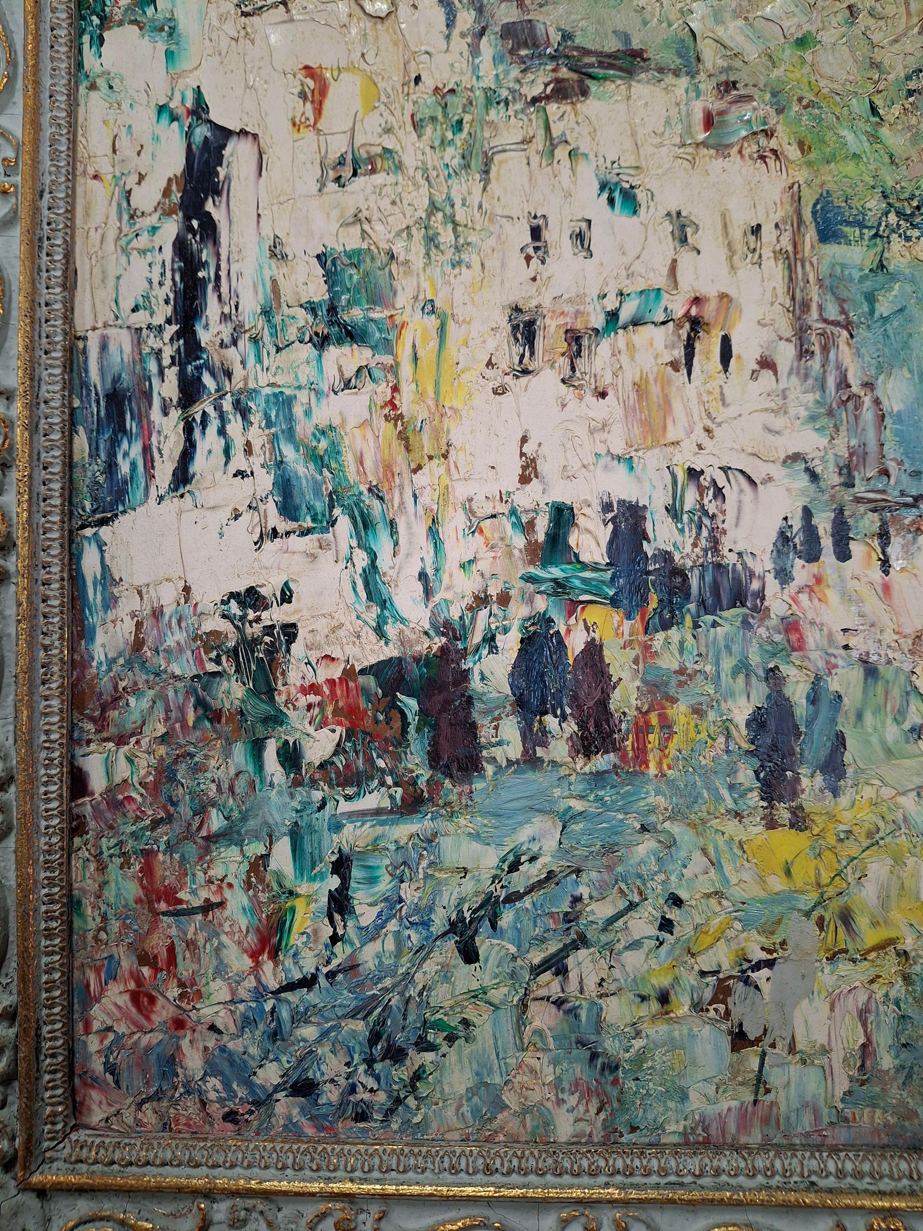 Europäische abstrakte Straßenszene aus der Mitte des Jahrhunderts mit Figuren
Öl auf Masonit
Signiert oben rechts (unleserlich), datiert 1956
15.75