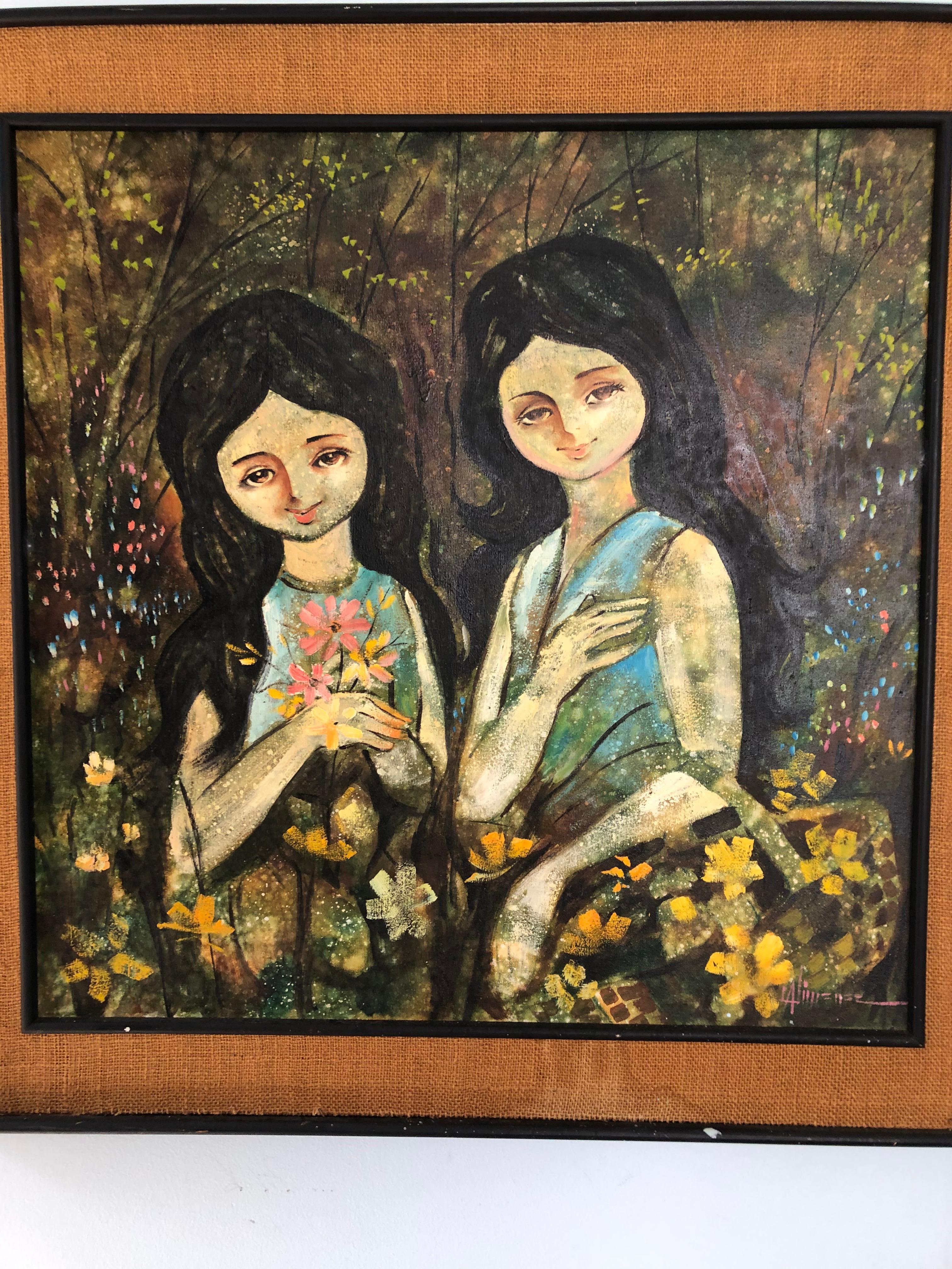 Unknown Figurative Painting - Mid Century Filipino Painting "Sisters"
