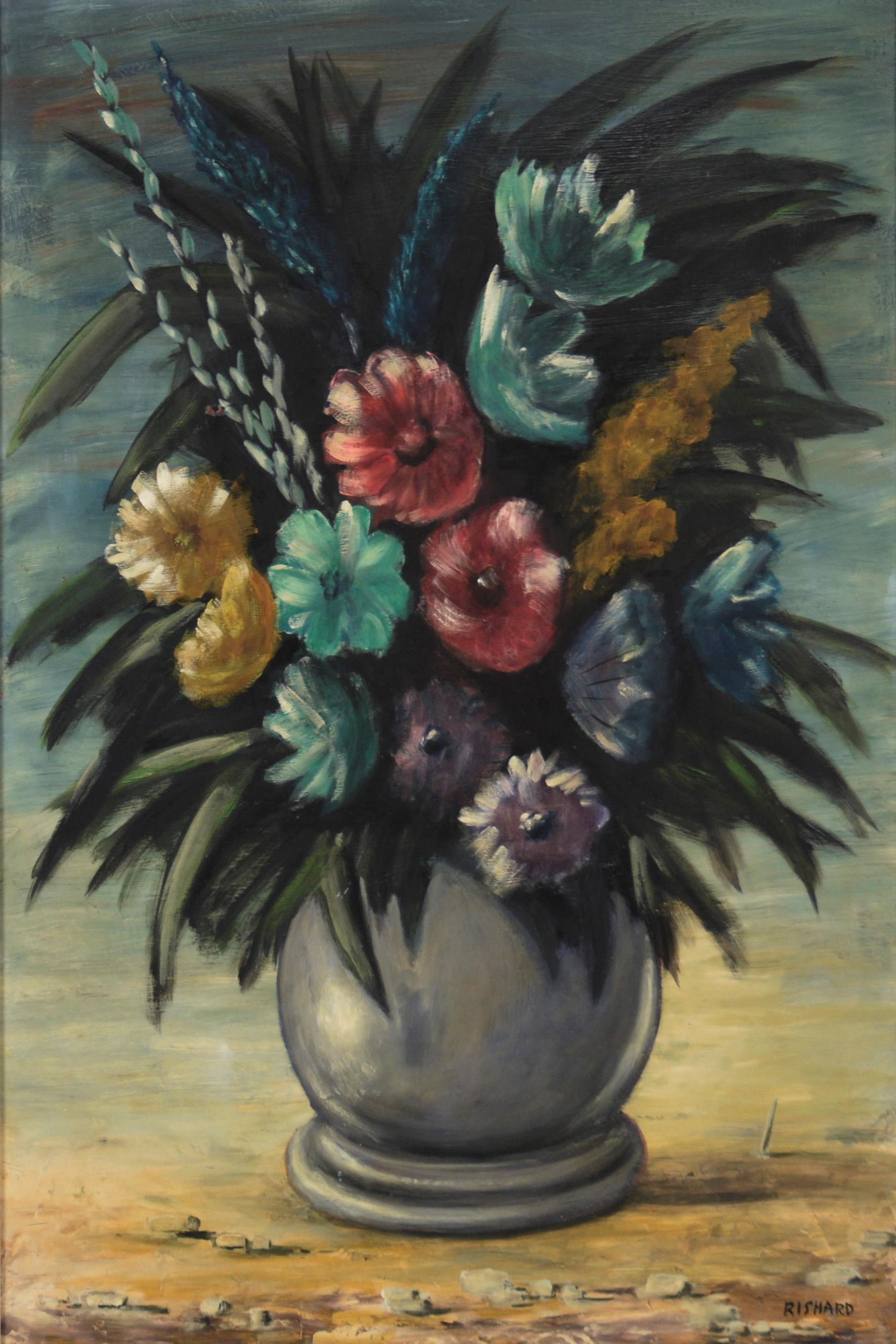Mid Century Floral Still Life in Oil on Masonite - Painting by Unknown