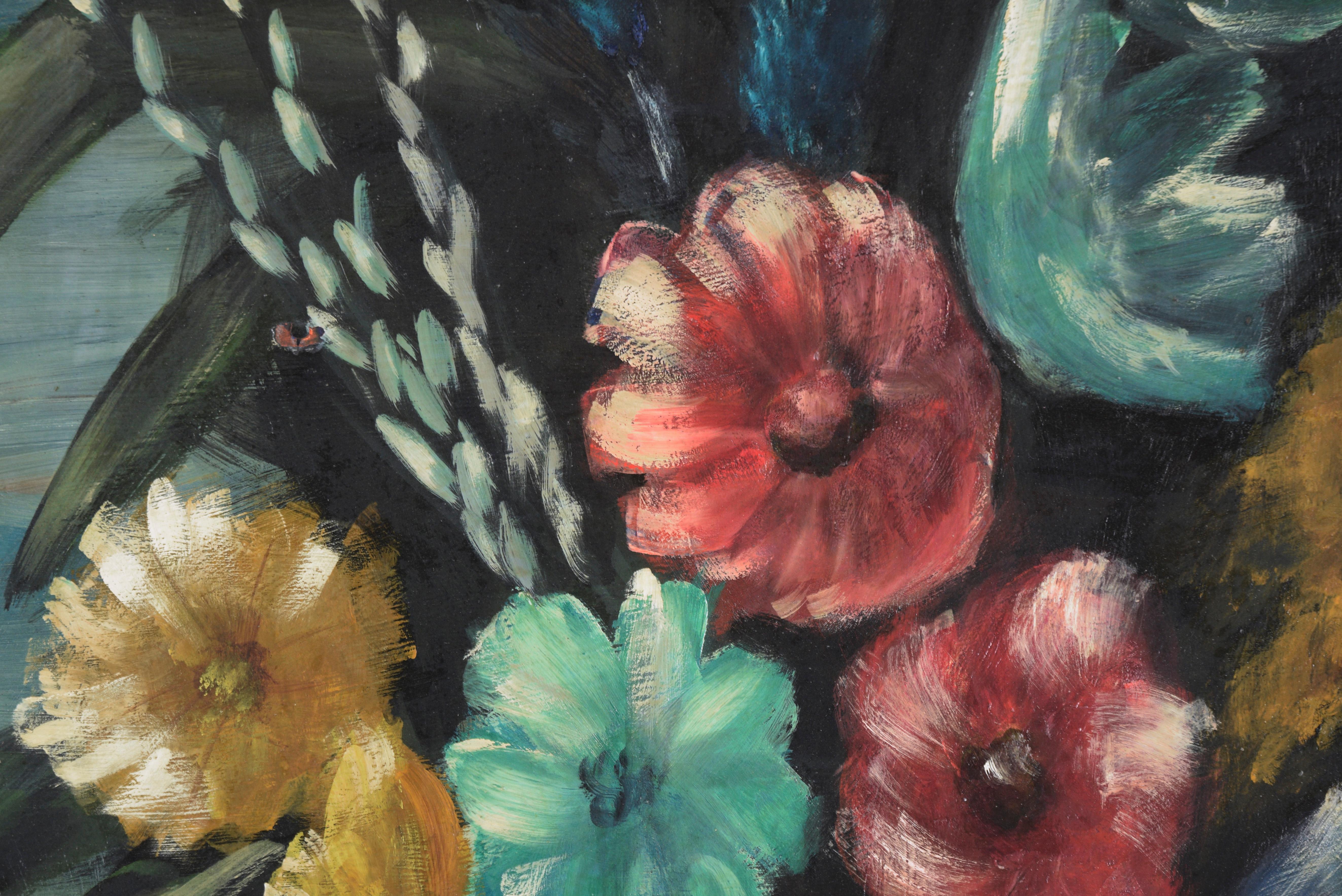 Nature morte florale du milieu du siècle à l'huile sur Masonite

Nature morte audacieuse avec des fleurs et du feuillage par un artiste inconnu 