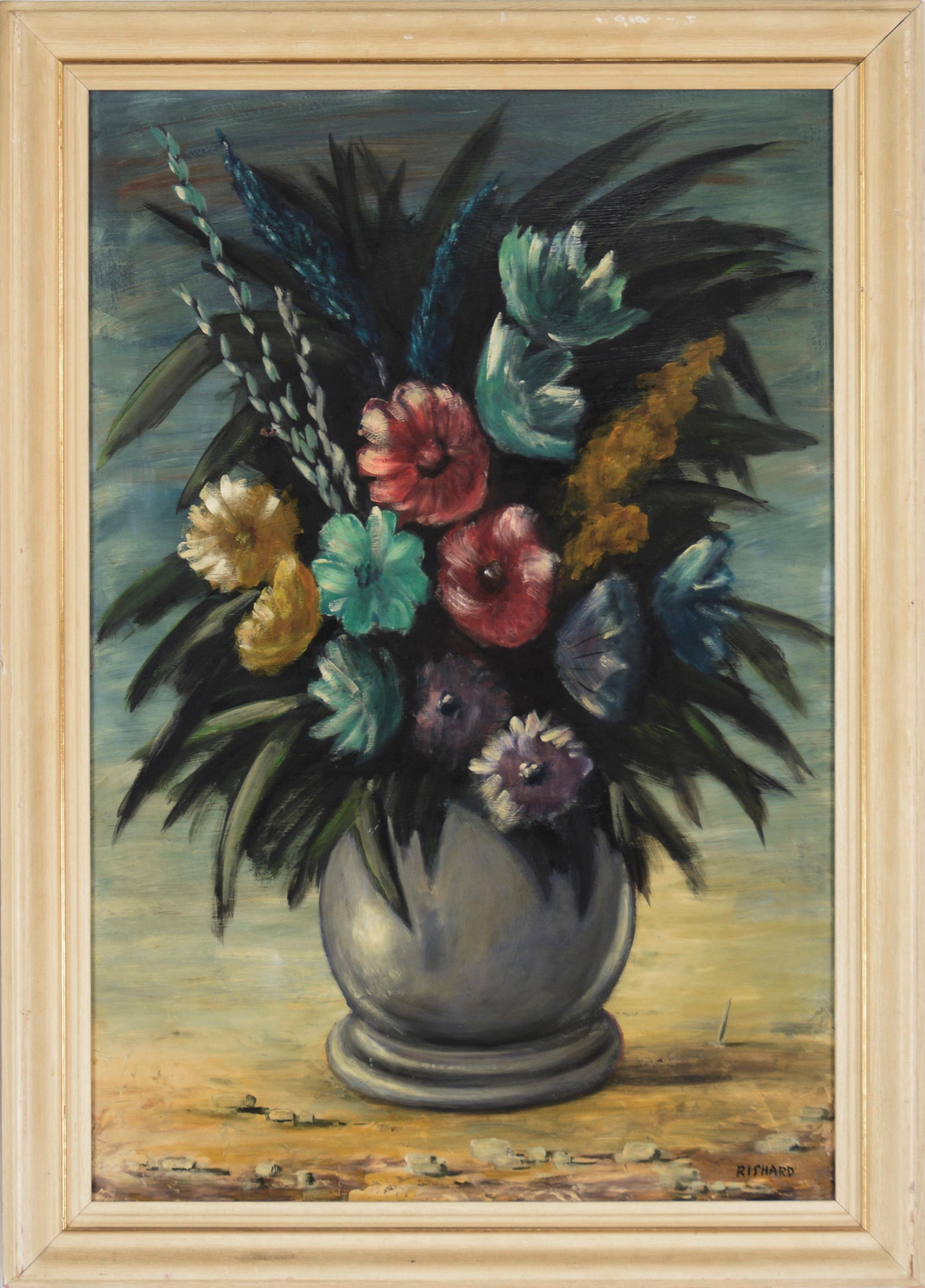 Unknown Interior Painting - Mid Century Floral Still Life in Oil on Masonite
