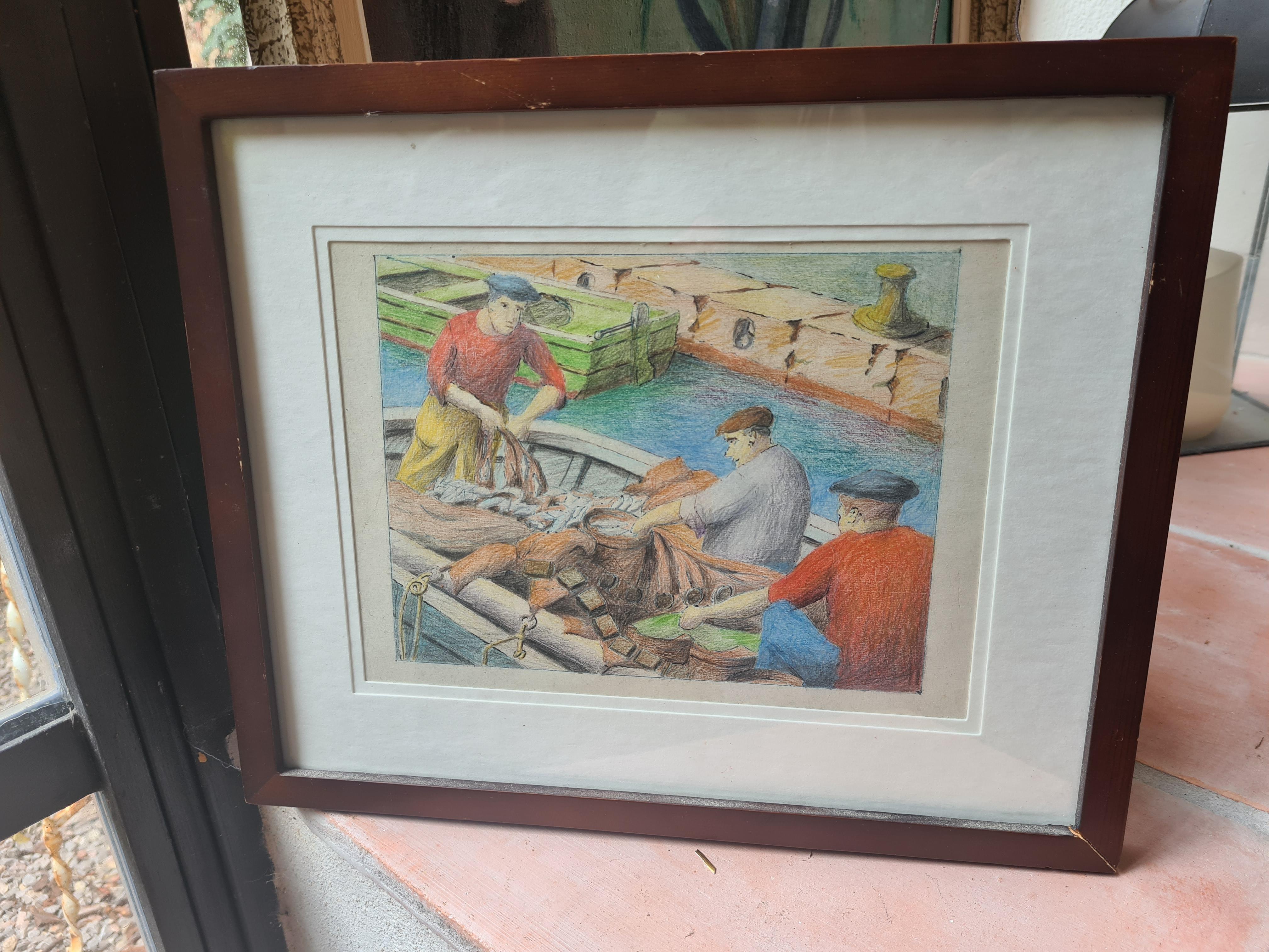Mid Century French Drawing of The Fishermen, Port of Nice, South of France. For Sale 7