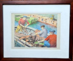 Dibujo Francés de Mediados de Siglo de Los Pescadores, Puerto de Niza, Sur de Francia.