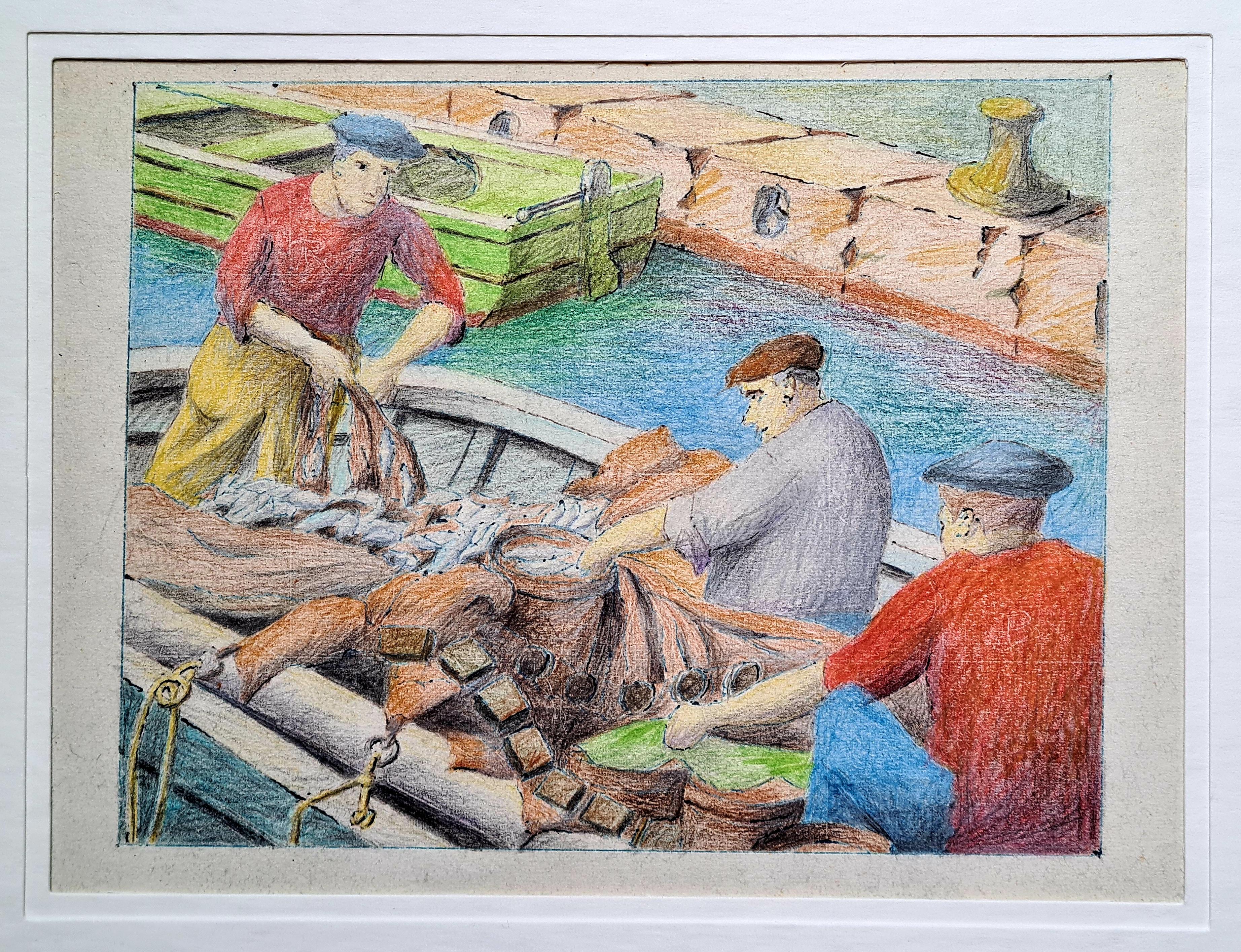 Mid Century French Drawing of The Fishermen, Port of Nice, South of France. - Other Art Style Painting by Unknown