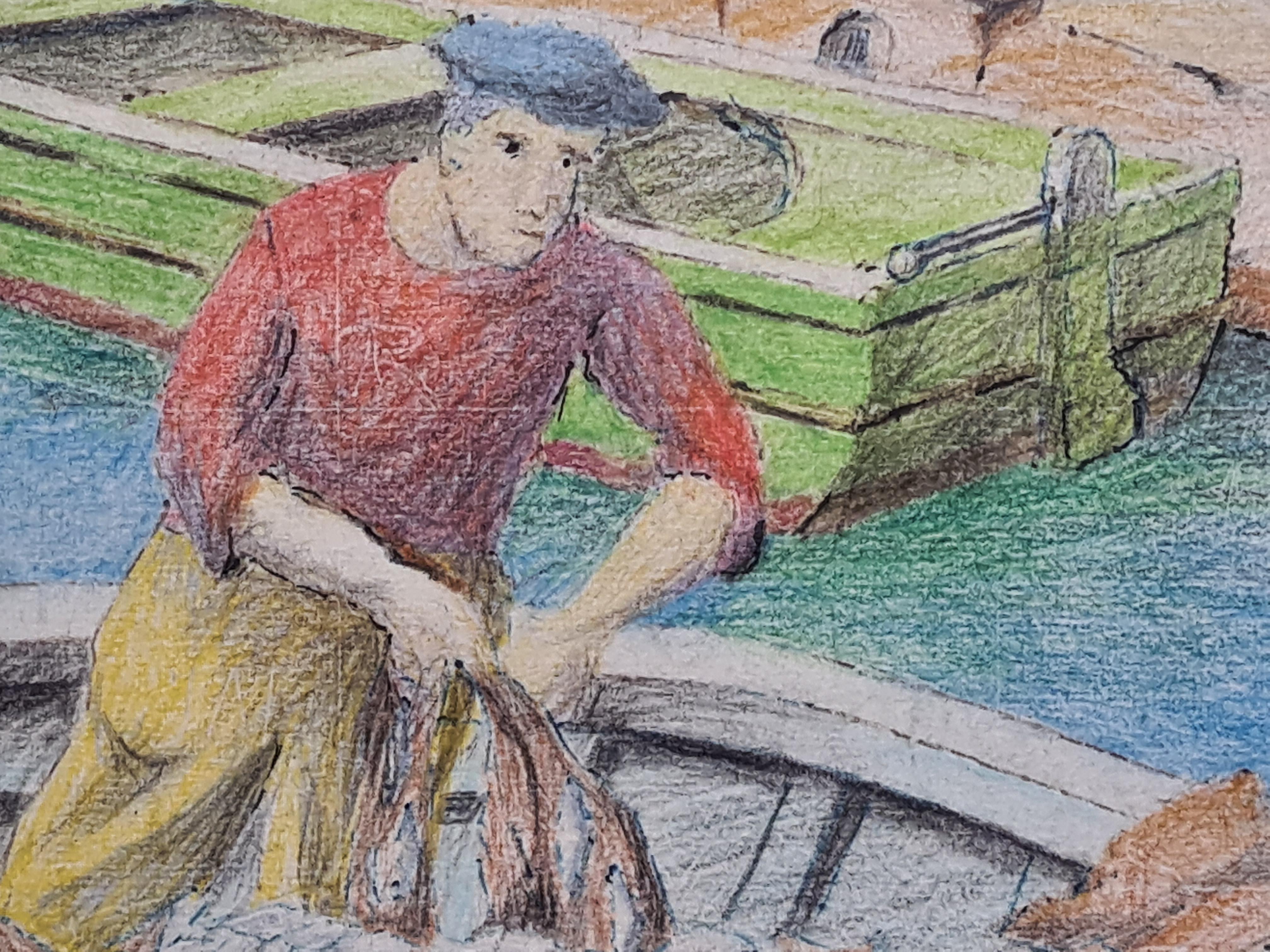 Mid Century French Drawing of The Fishermen, Port of Nice, South of France. - Brown Figurative Painting by Unknown