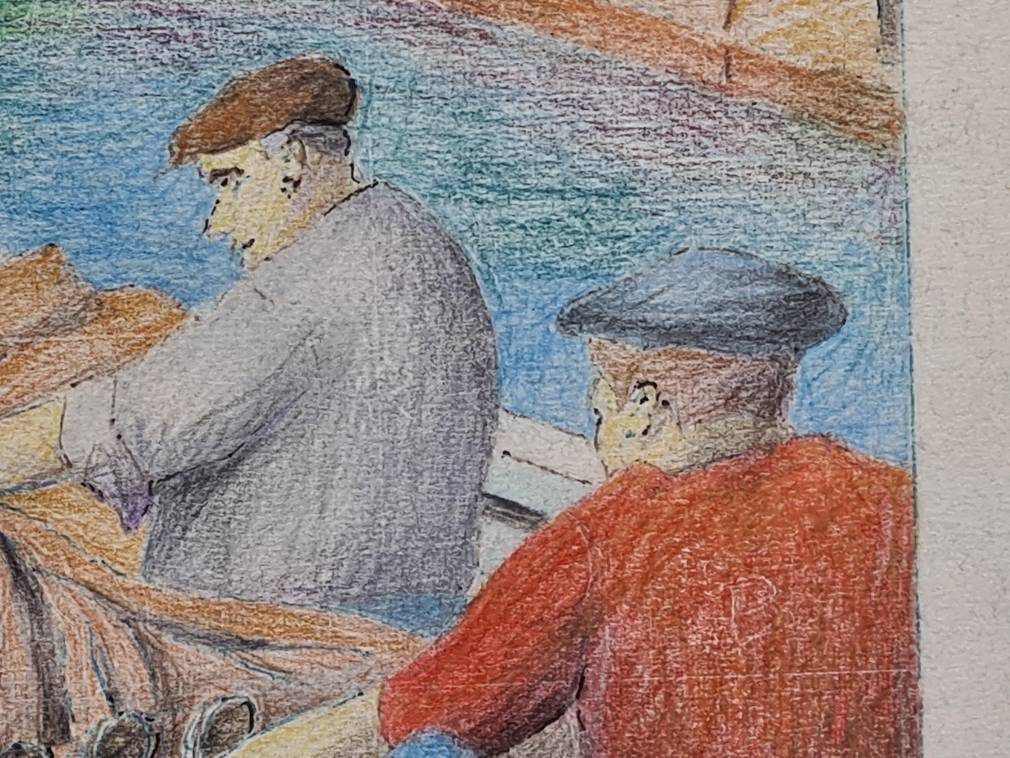 Mid Century French Drawing of The Fishermen, Port of Nice, South of France. For Sale 1
