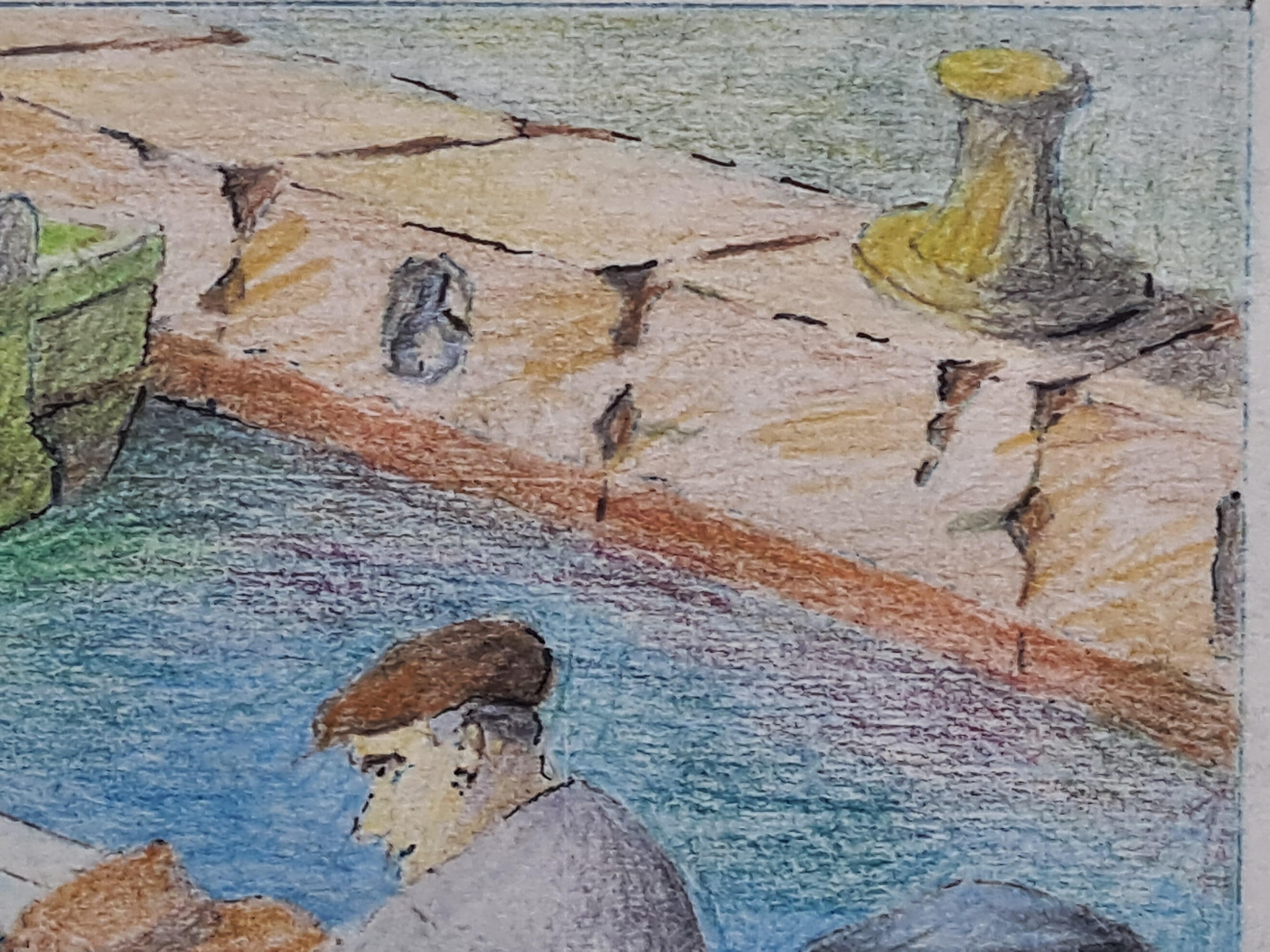 Mid Century French Drawing of The Fishermen, Port of Nice, South of France. For Sale 2