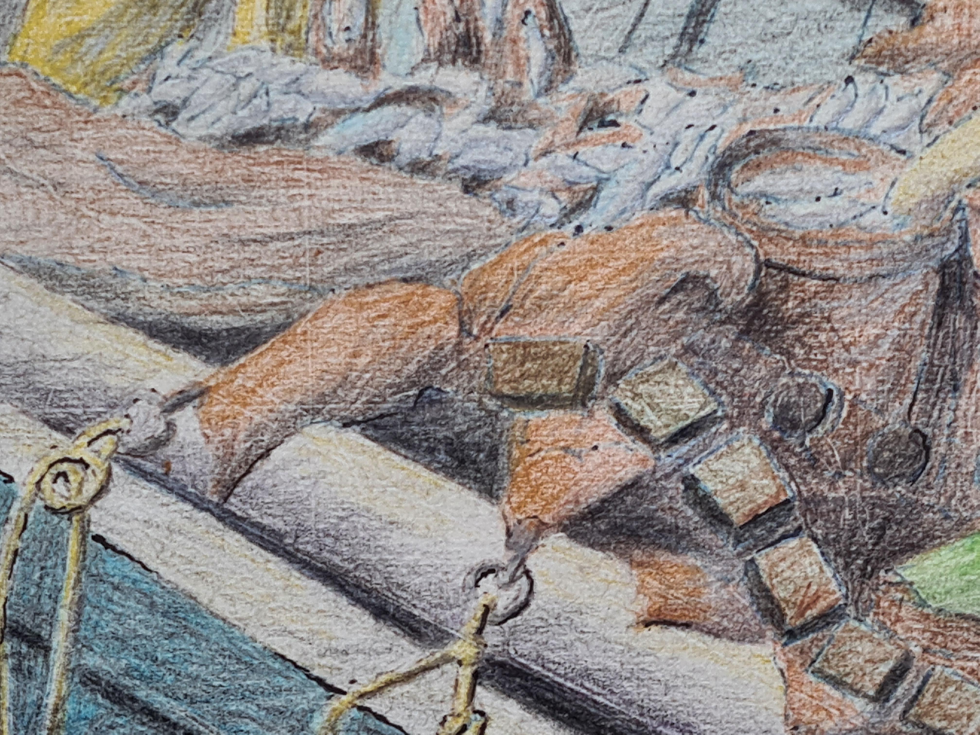 Mid Century French Drawing of The Fishermen, Port of Nice, South of France. For Sale 4