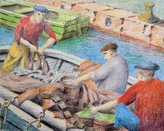 Französische Zeichnung der Fischer aus der Mitte des Jahrhunderts, Hafen von Nizza, Südfrankreich.