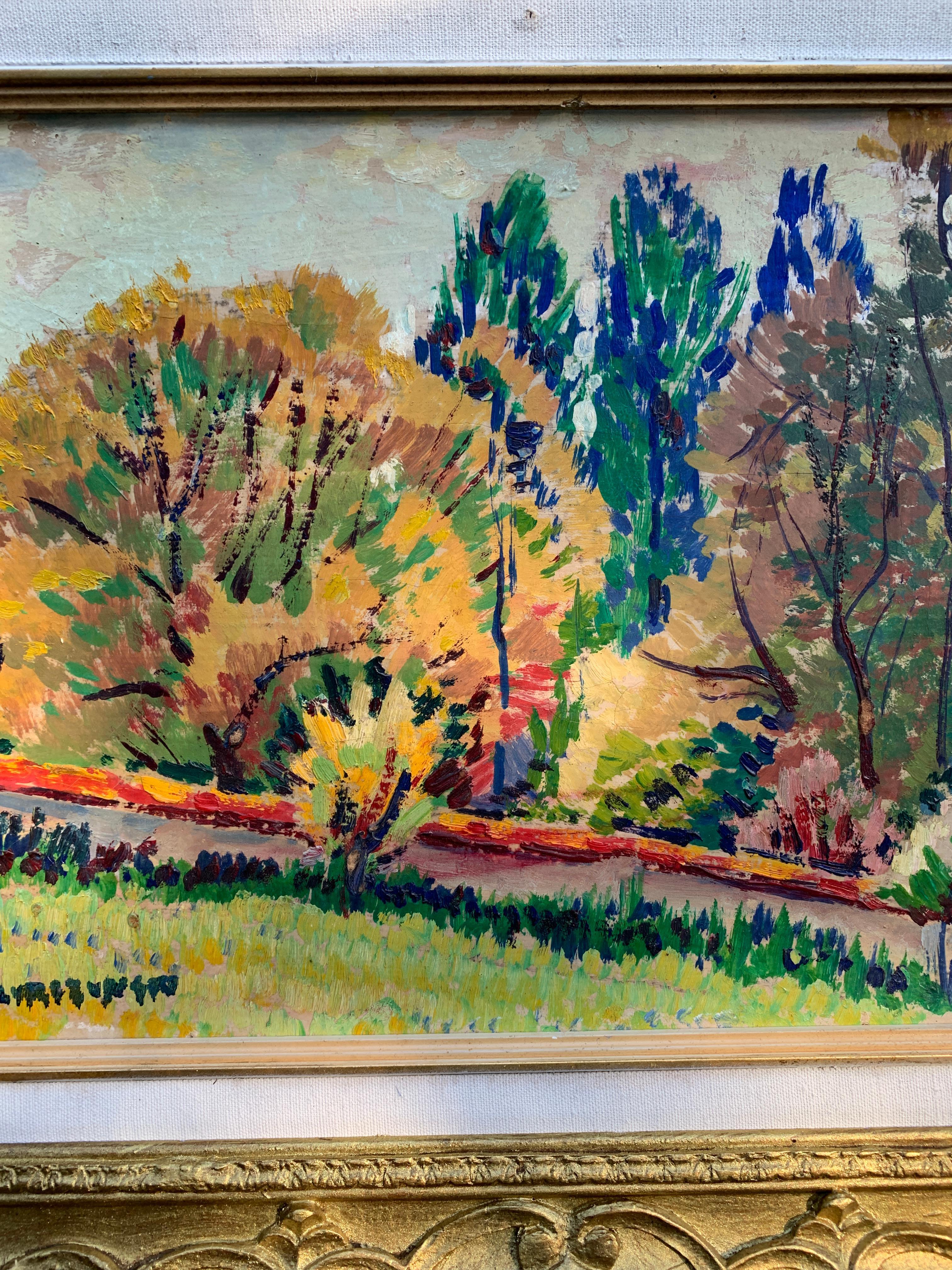 Colorful and well-painted mid-century French landscape. With influences from the Fauve school of painters this piece is very decorative and would brighten up any room.

painted circa 1950

It is painted on an artist's board and is framed in a