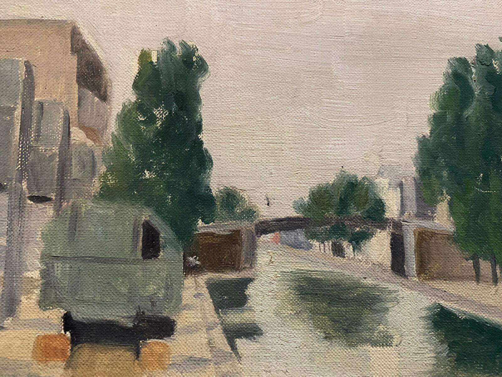Mid Century French Oil Painting - beside the Canal - Brown Landscape Painting by Unknown