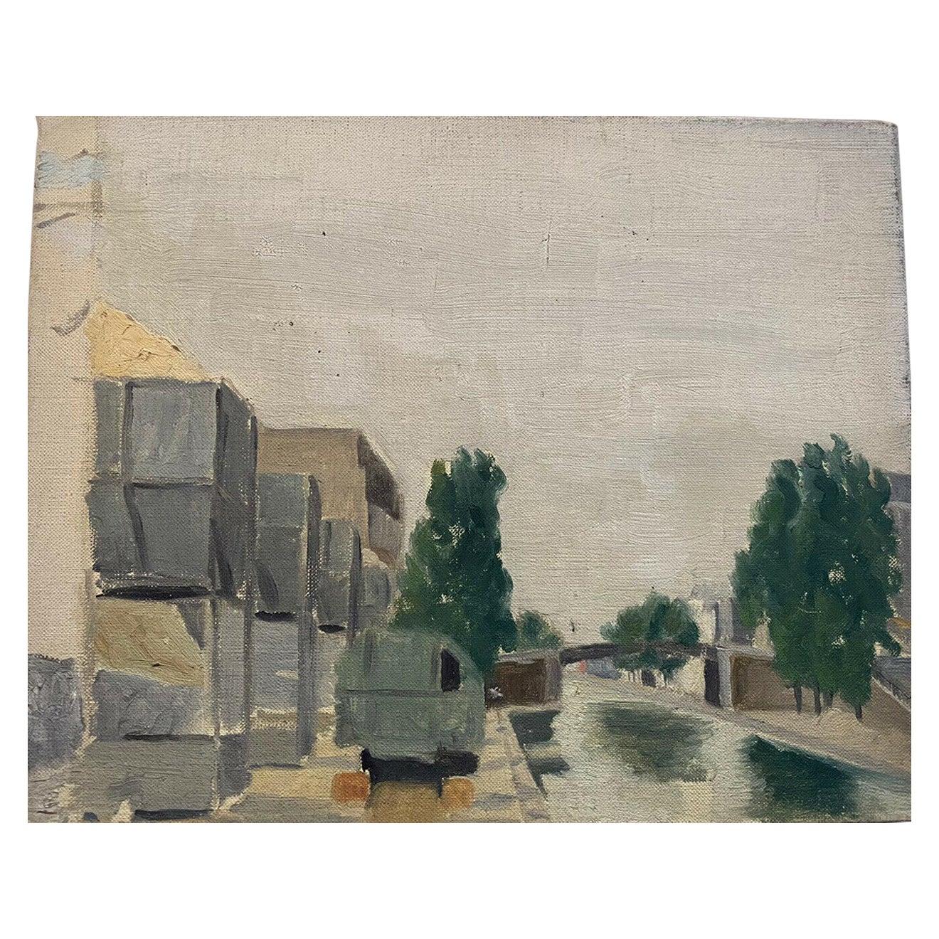 Unknown Landscape Painting - Mid Century French Oil Painting - beside the Canal