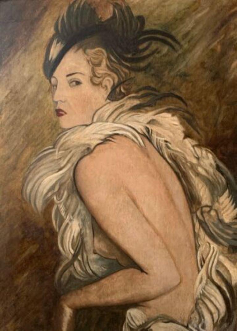 Unknown Portrait Painting - MID CENTURY FRENCH OIL - PORTRAIT OF THEATRICAL SEMI-NUDE WOMAN - FEATHERS