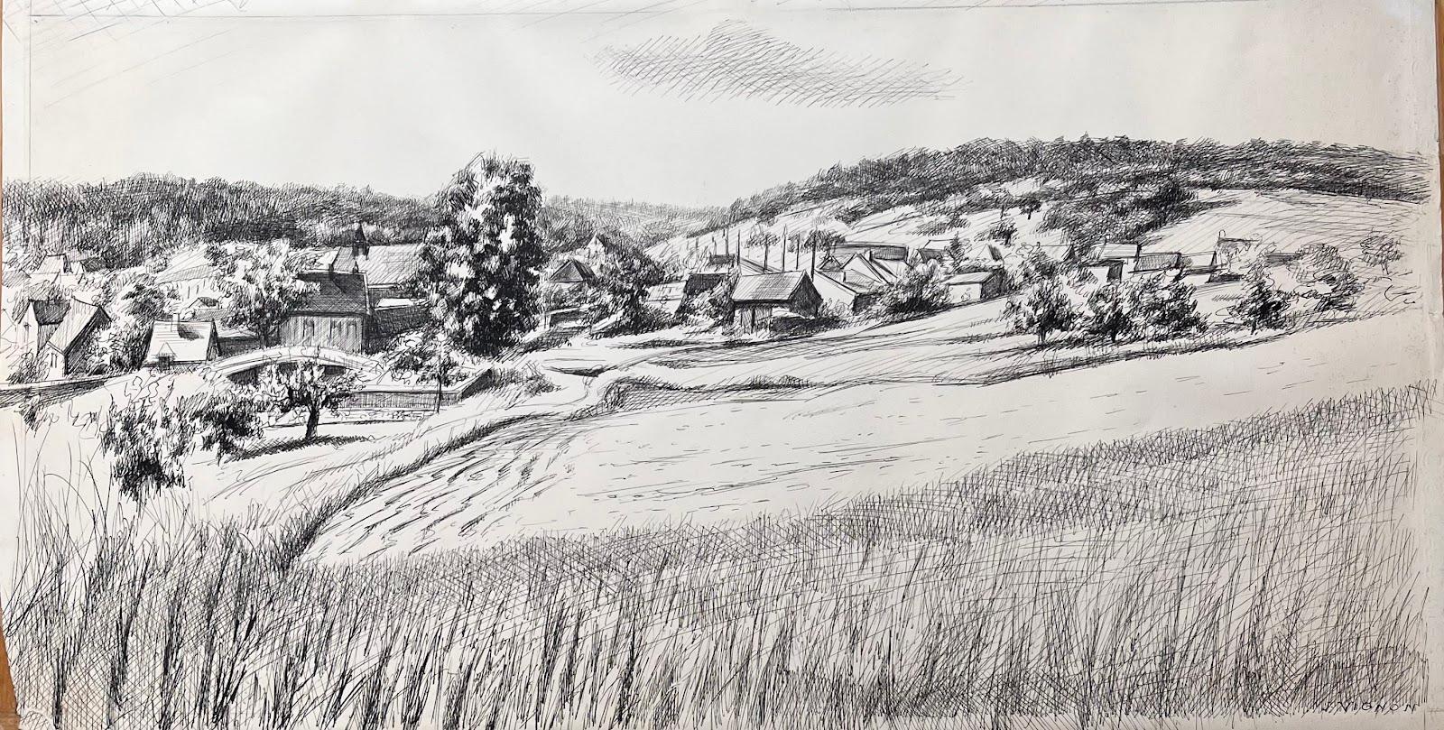 Disegno a inchiostro originale francese della metà del secolo scorso Névoisins (Eure et Loire) Villaggio rurale - Painting di Josine Vignon