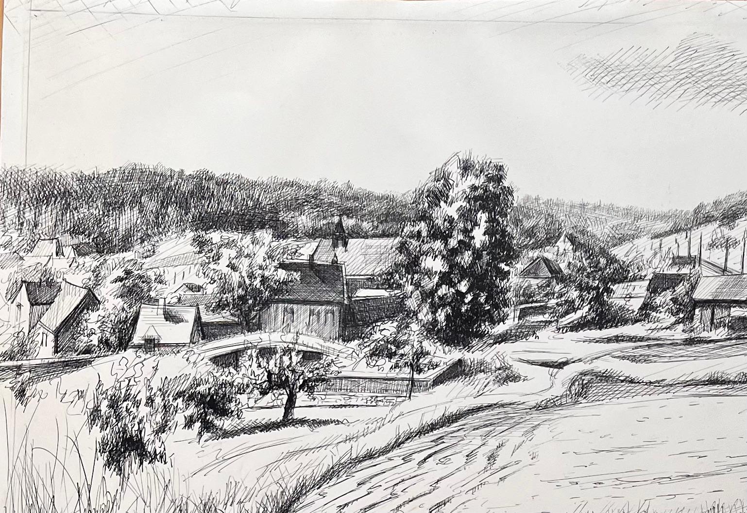 Disegno a inchiostro originale francese della metà del secolo scorso Névoisins (Eure et Loire) Villaggio rurale - Painting Impressionismo di Josine Vignon
