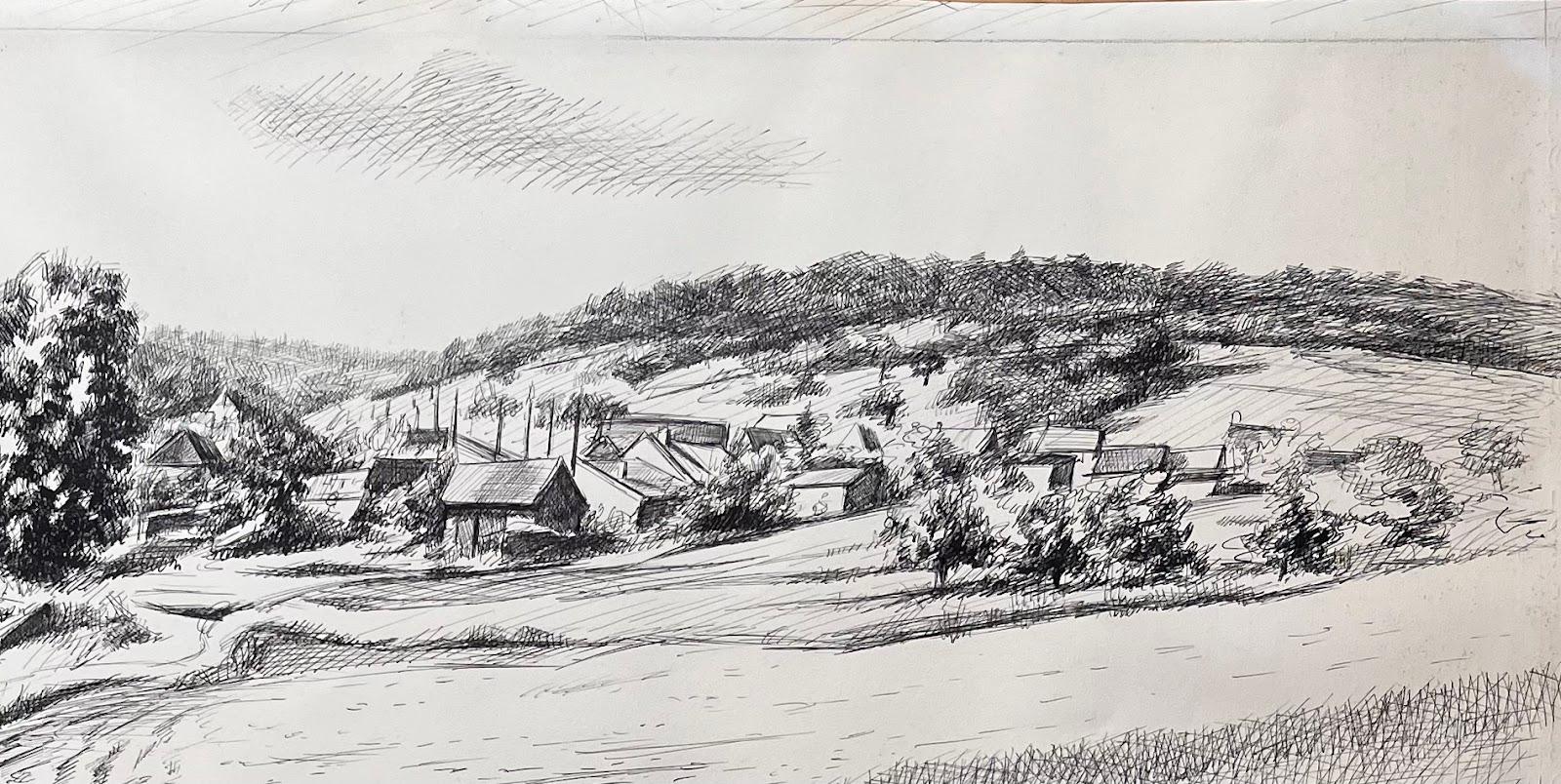 Disegno a inchiostro originale francese della metà del secolo scorso Névoisins (Eure et Loire) Villaggio rurale - Landscape Painting Grigio di Josine Vignon