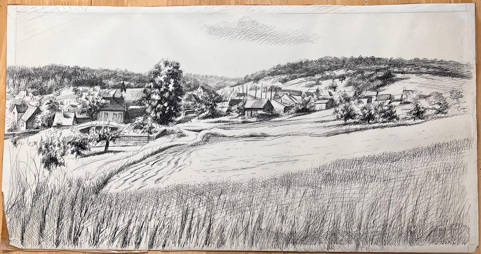 Landscape Painting di Josine Vignon - Disegno a inchiostro originale francese della metà del secolo scorso Névoisins (Eure et Loire) Villaggio rurale