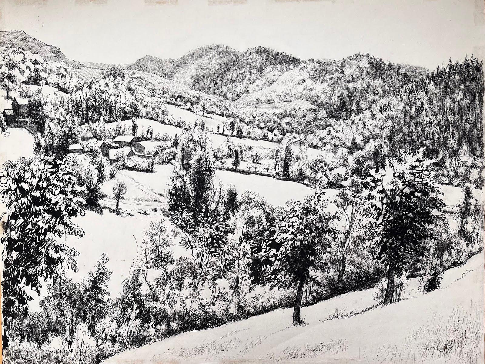 Dessin à l'encre original français du milieu du siècle représentant un paysage de village à flanc de colline - Art de Josine Vignon