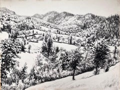 Mid Century Französisch Original-Tinte Zeichnung eines Hillside Dorflandschaft