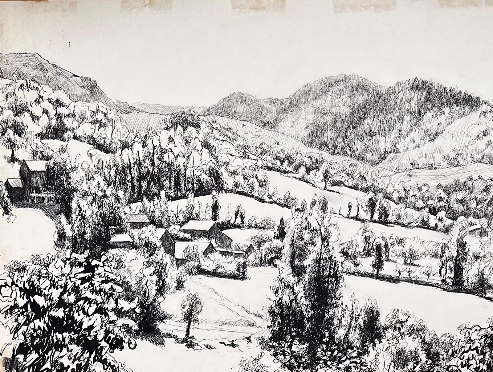 Dessin à l'encre original français du milieu du siècle représentant un paysage de village à flanc de colline - Impressionnisme Art par Josine Vignon