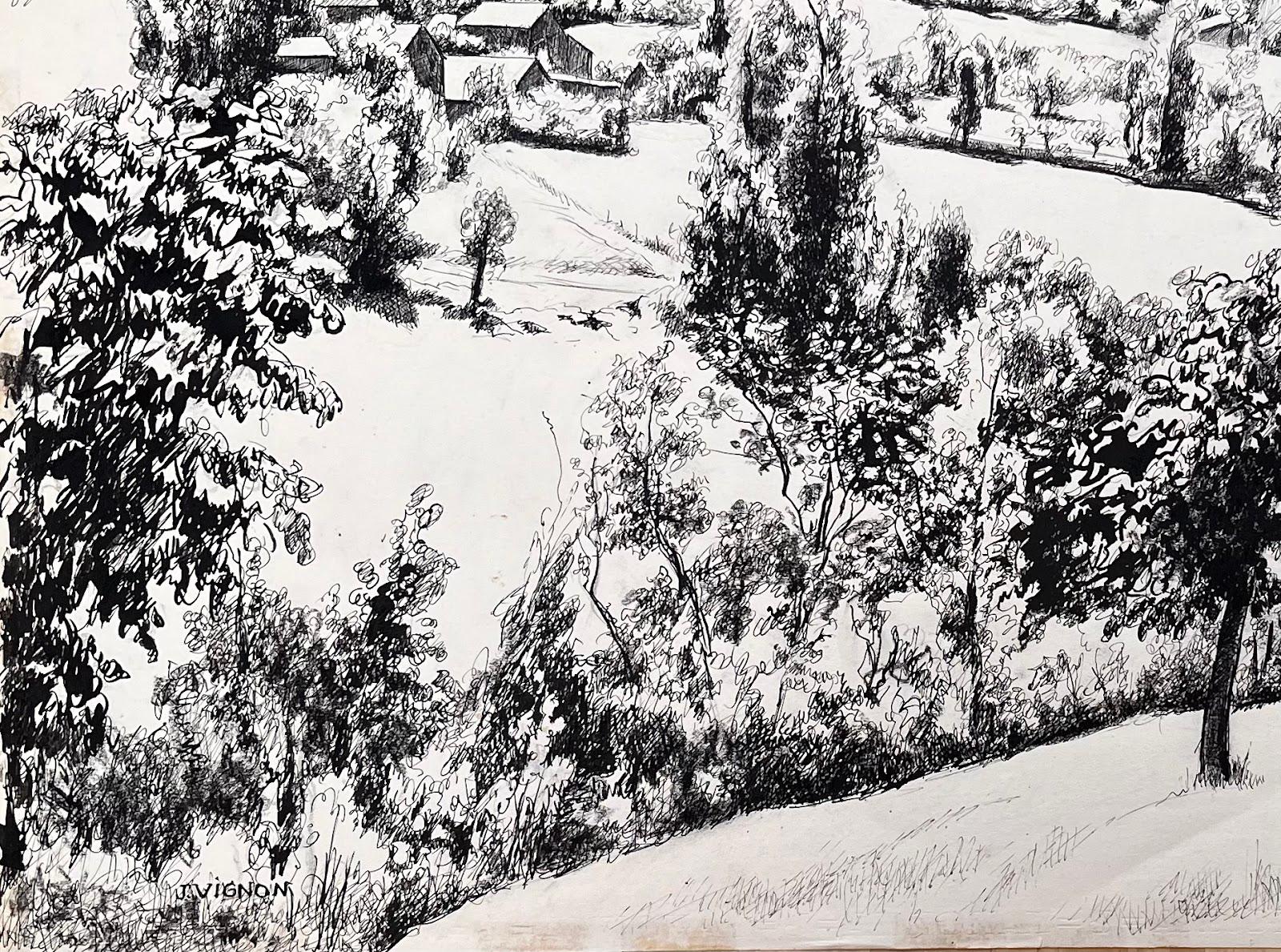 Dessin à l'encre original français du milieu du siècle représentant un paysage de village à flanc de colline - Gris Landscape Art par Josine Vignon
