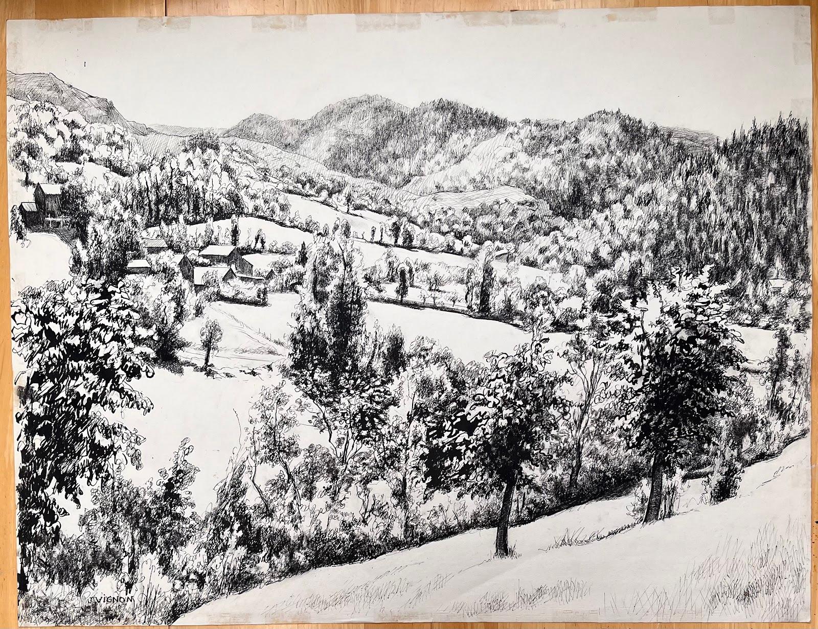 Landscape Art Josine Vignon - Dessin à l'encre original français du milieu du siècle représentant un paysage de village à flanc de colline