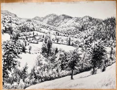 Disegno originale a inchiostro di metà secolo francese di un paesaggio di un villaggio in collina