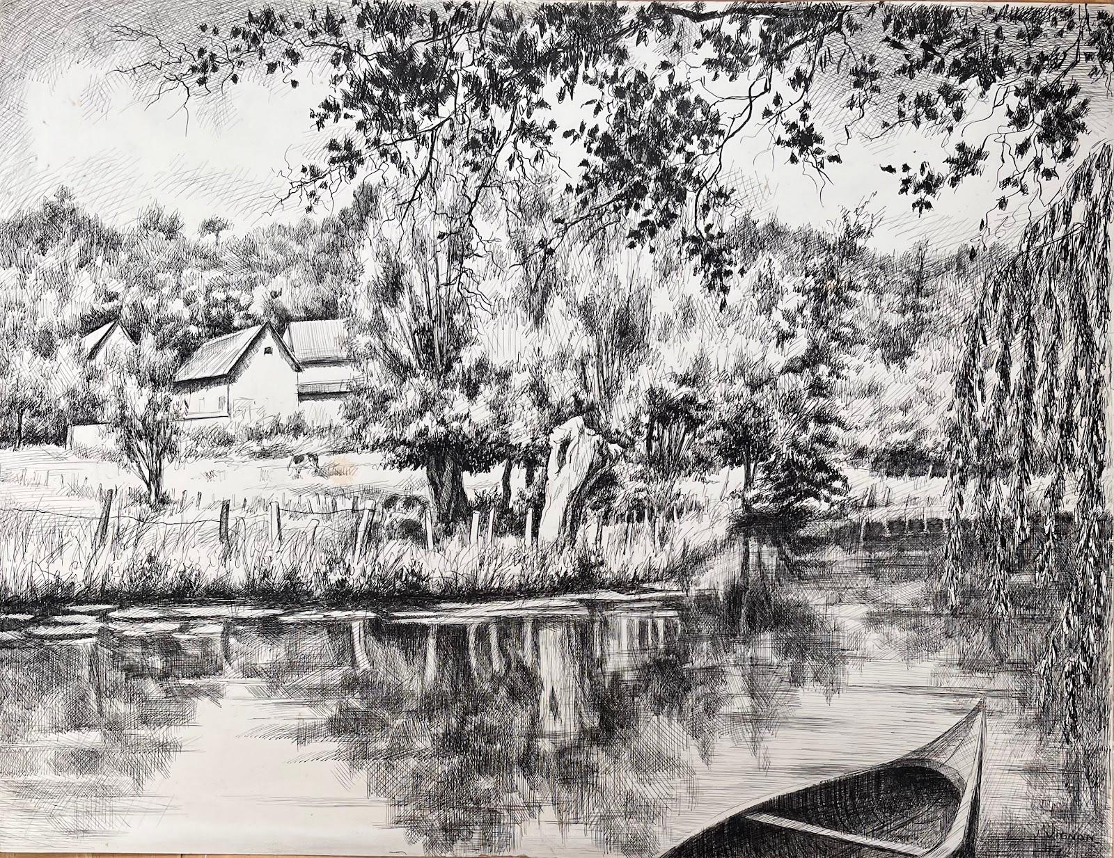 Französische Original-Tinte-Zeichnung einer Fluss-Szene mit Boot, Mitte des Jahrhunderts – Painting von Josine Vignon
