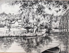 Mid Century French Original Ink Drawing of a Riverside Scene with Boat