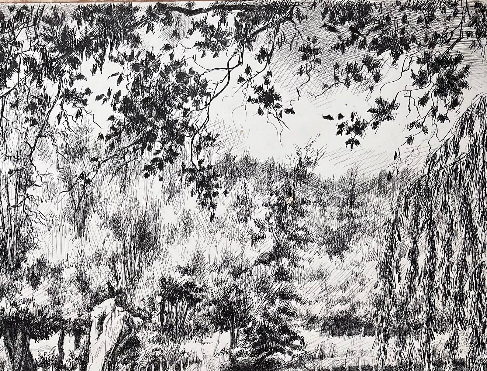 Französische Original-Tinte-Zeichnung einer Fluss-Szene mit Boot, Mitte des Jahrhunderts (Impressionismus), Painting, von Josine Vignon